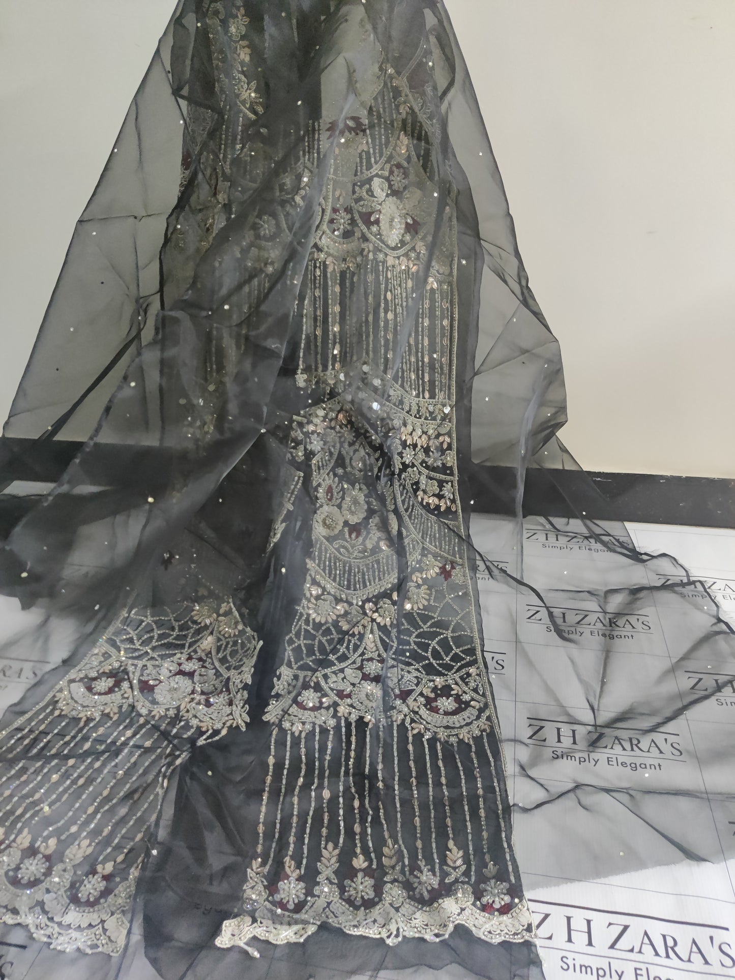 Black Front Open Gown Hand Embellished 2pc