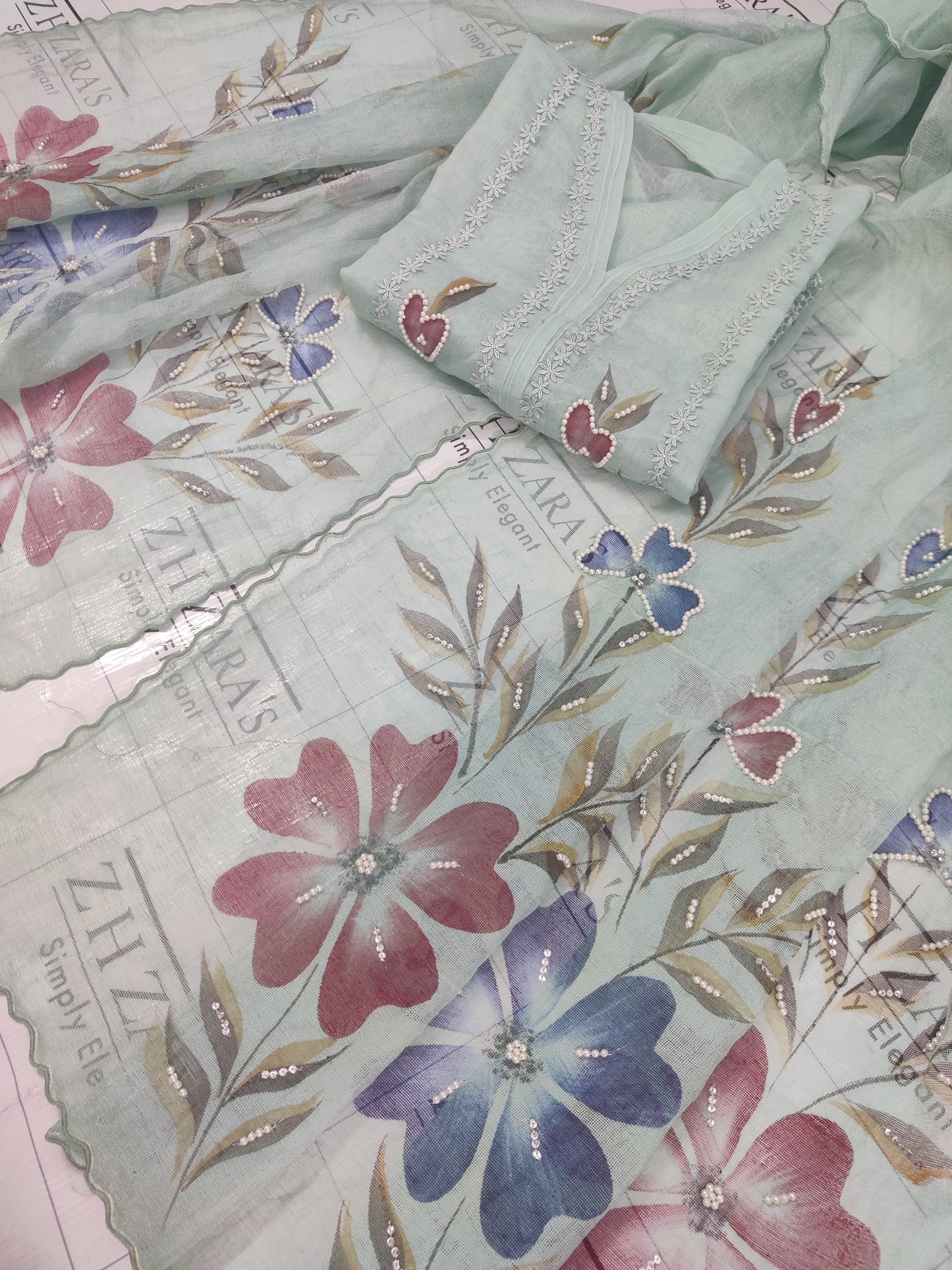 Aqua Hand Embellished Hand Painted Cutwork 2pc