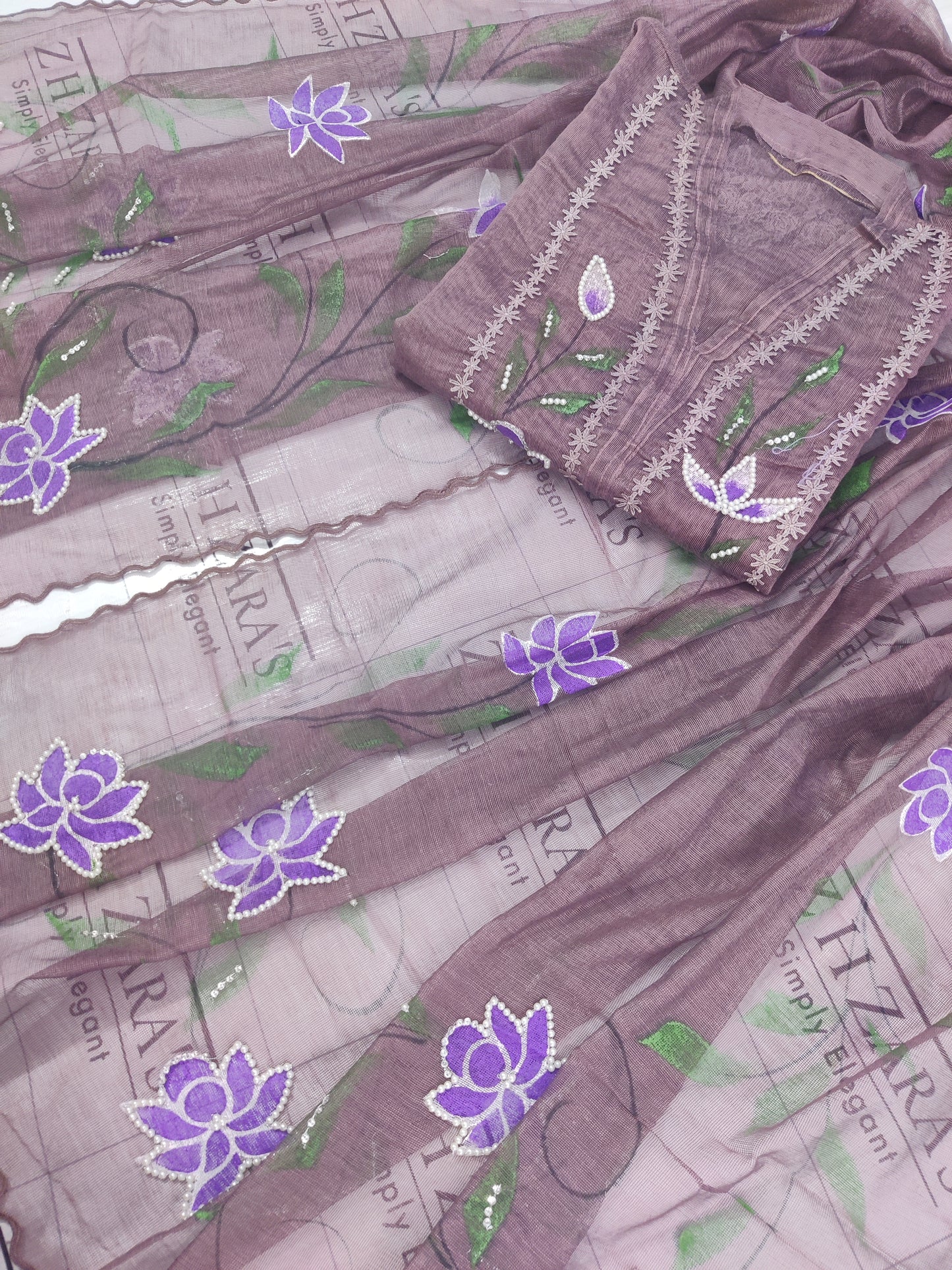 Purplish Tea Pink Hand Embellished Hand Painted Cutwork 2pc