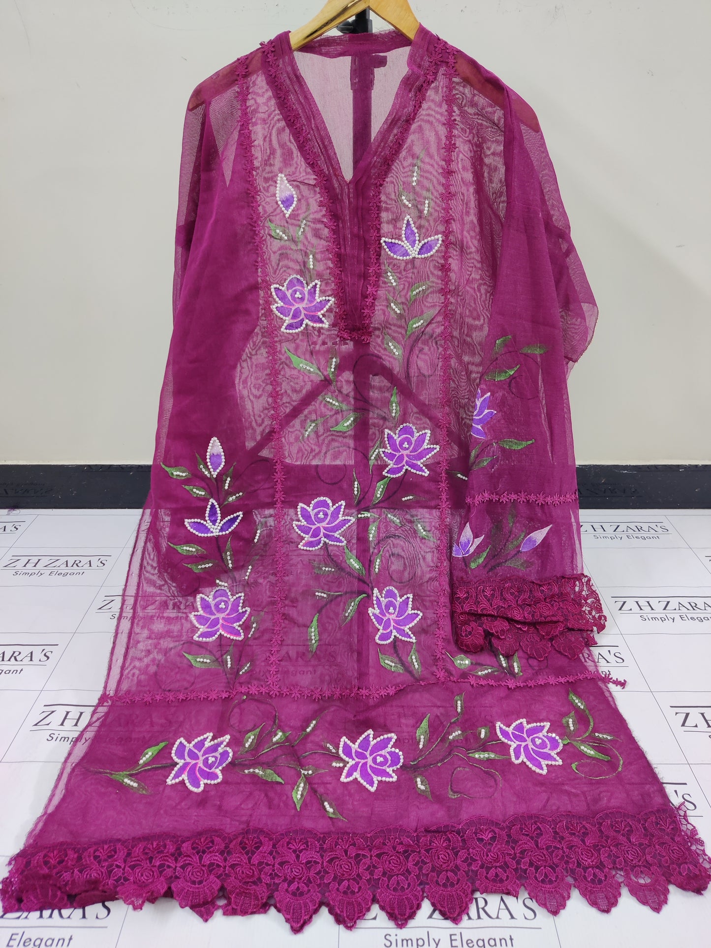 Magenta hotpink Hand Embellished Hand Painted Cutwork 2pc