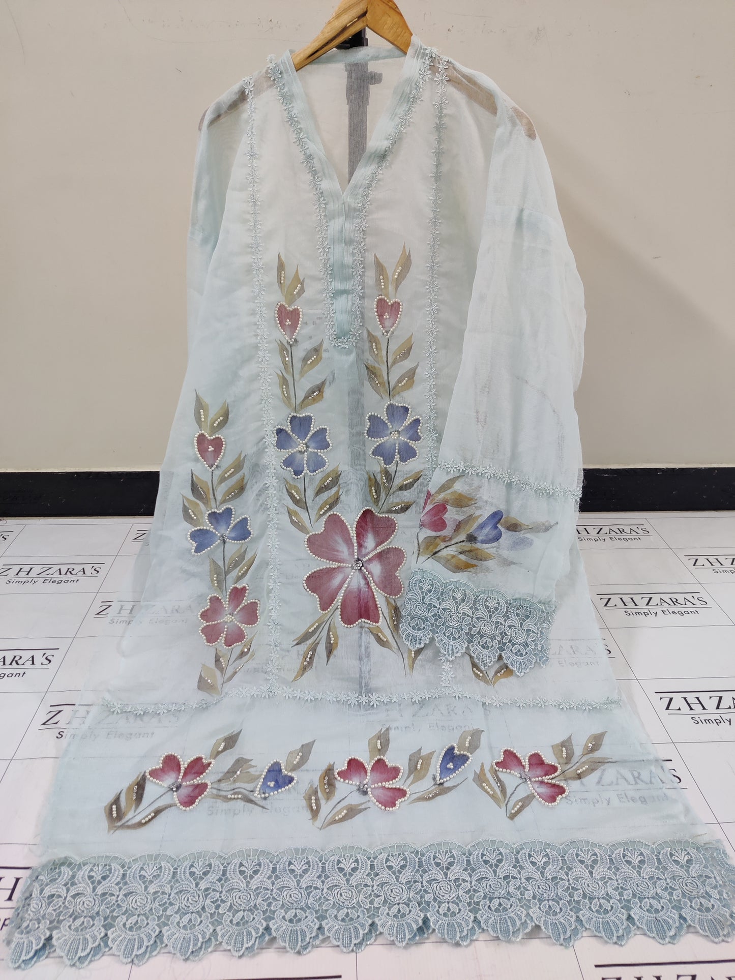 Ice Blue Hand Embellished Hand Painted Cutwork 2pc
