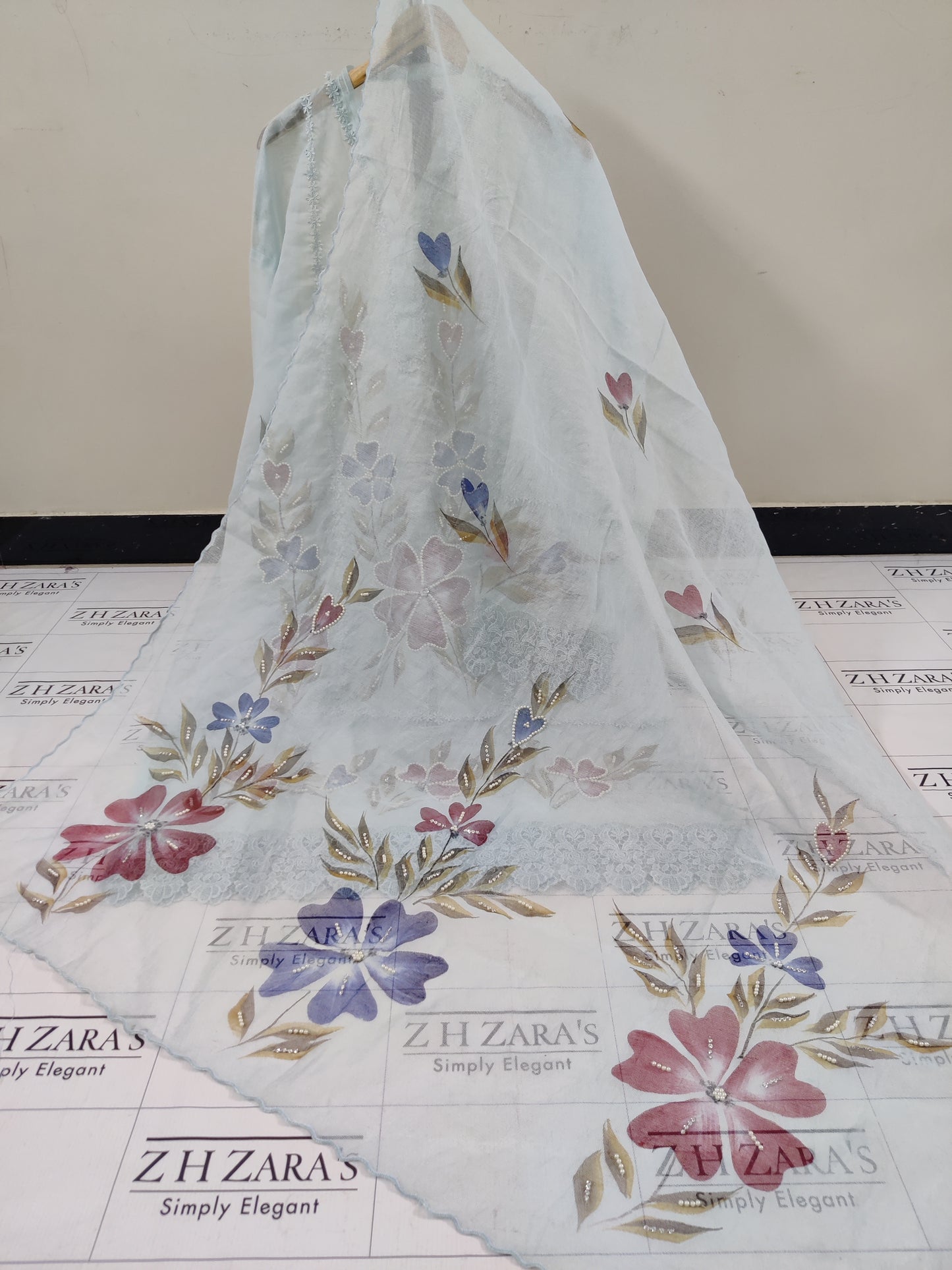 Ice Blue Hand Embellished Hand Painted Cutwork 2pc