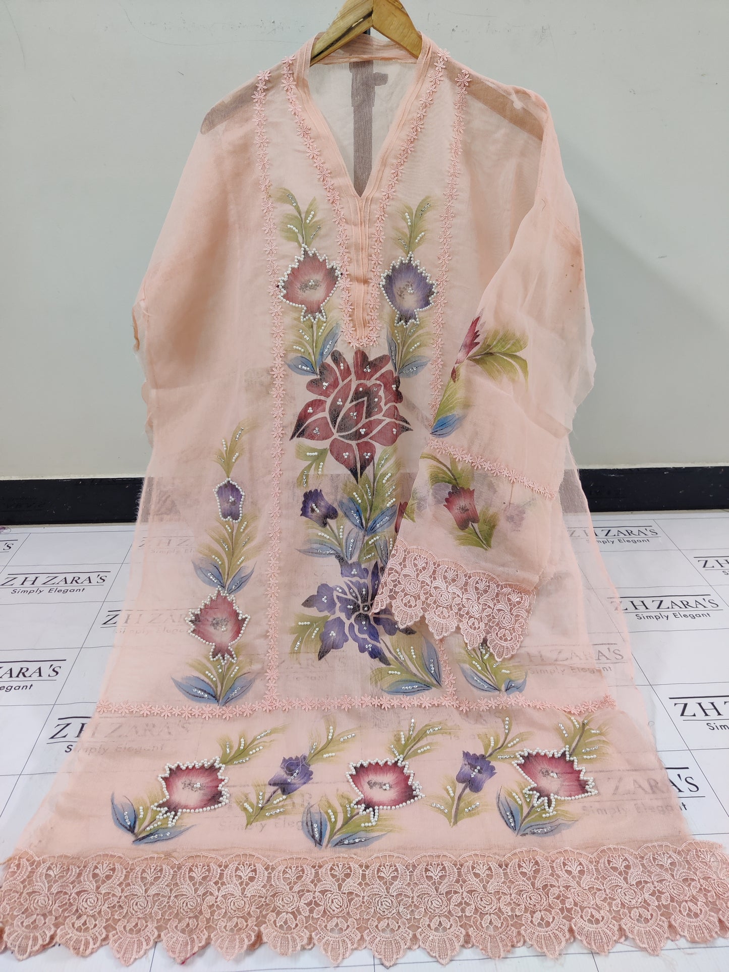 Peachy Pink Hand Embellished Hand Painted Cutwork 2pc