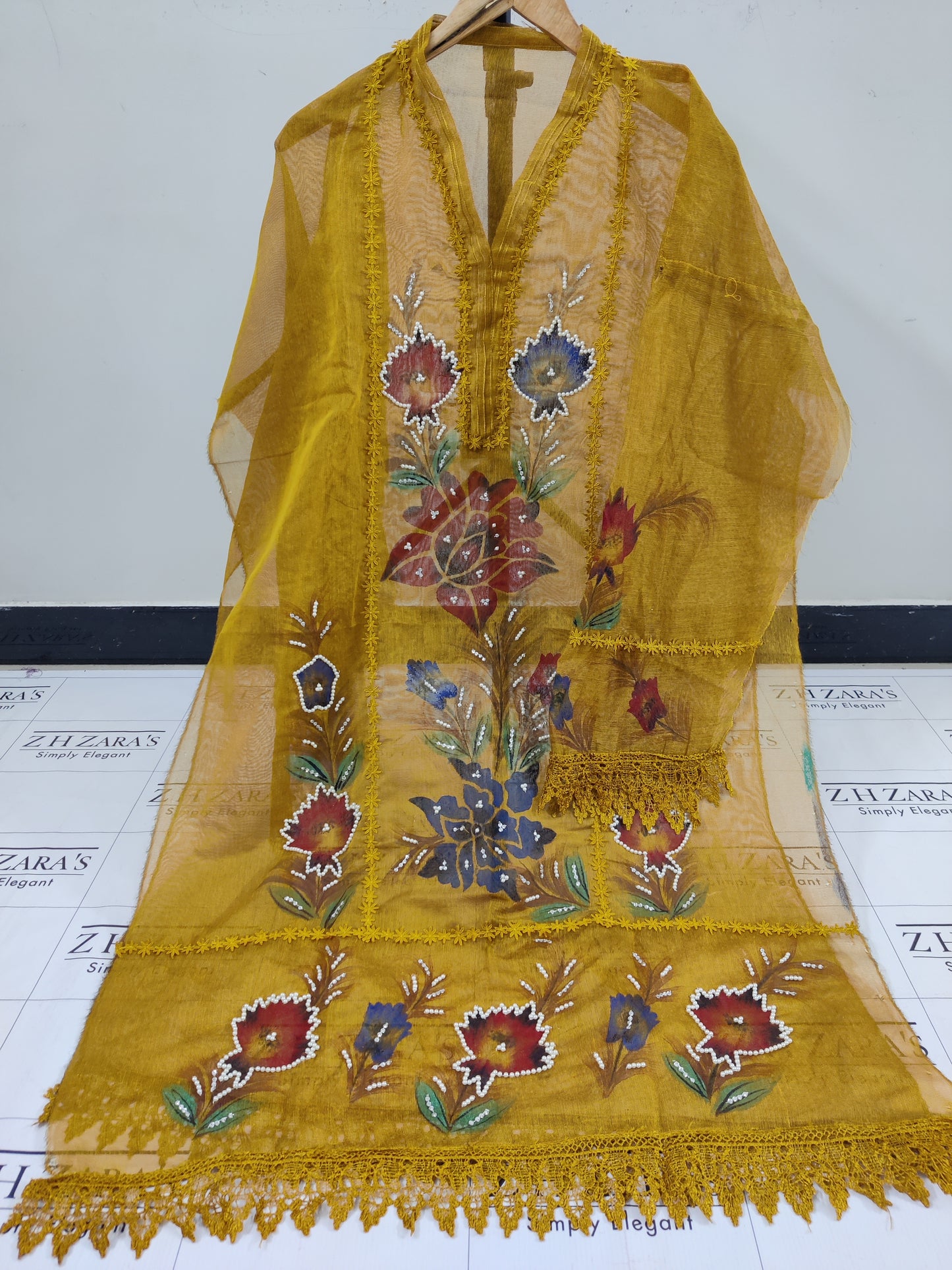 Mustard Hand Embellished Hand Painted Cutwork 2pc