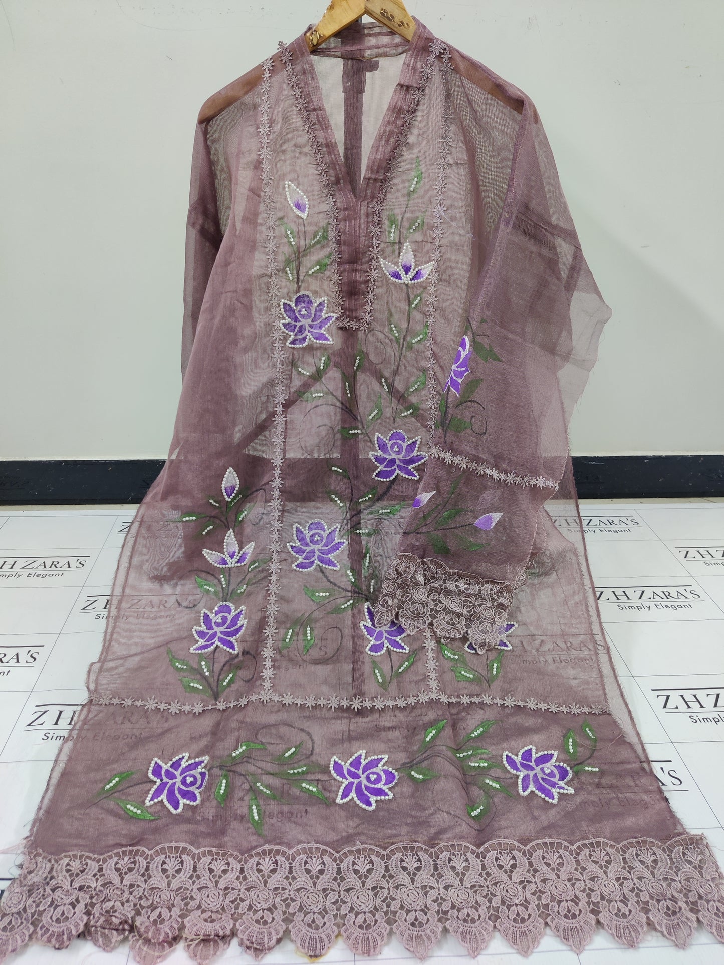 Purplish Tea Pink Hand Embellished Hand Painted Cutwork 2pc