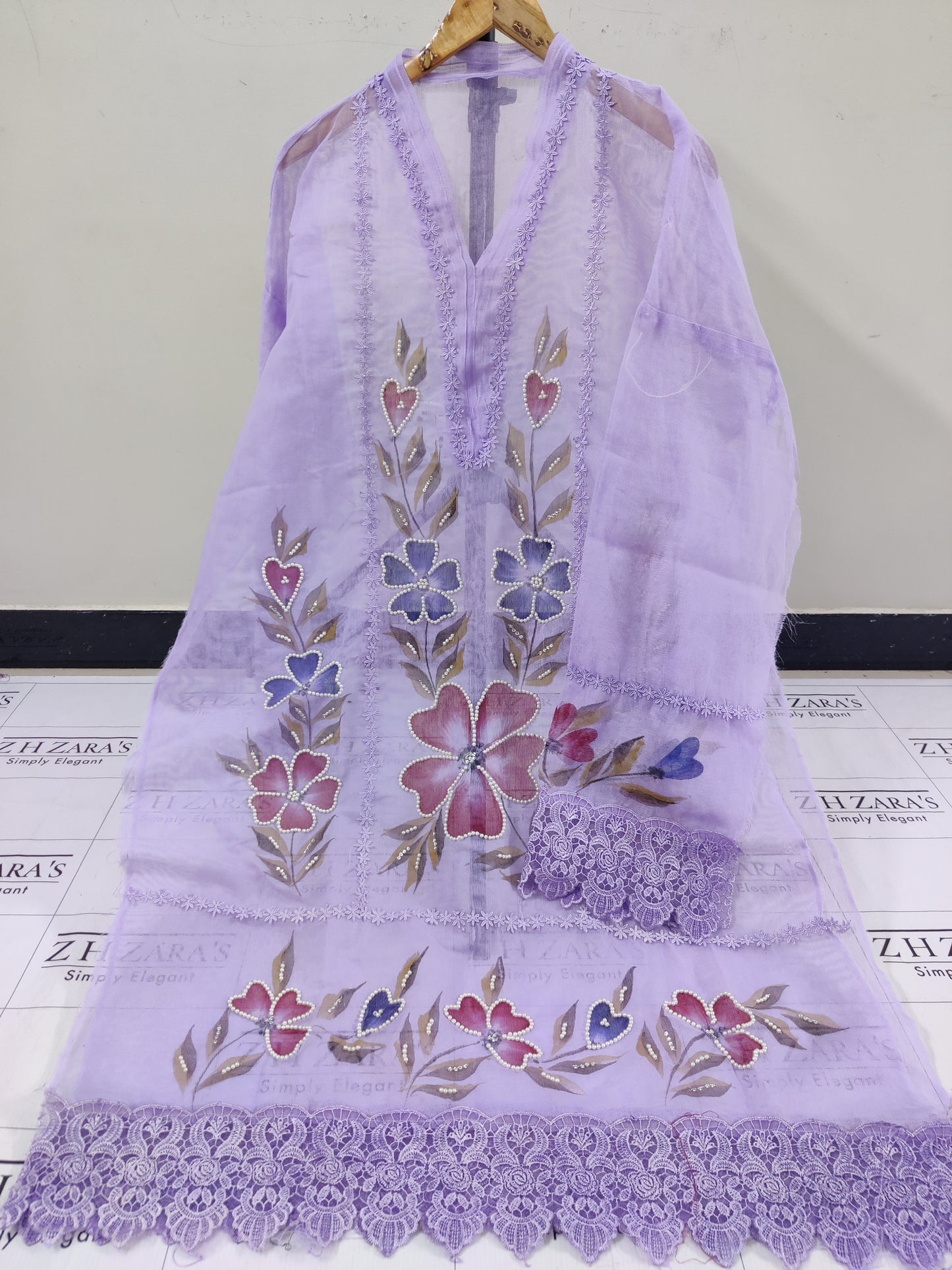Lilac Hand Embellished Hand Painted Cutwork 2pc