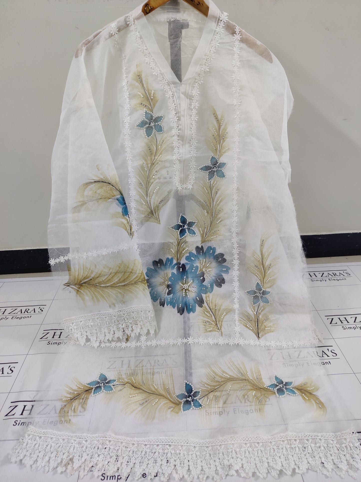 White Hand Embellished Hand Painted Cutwork 2pc