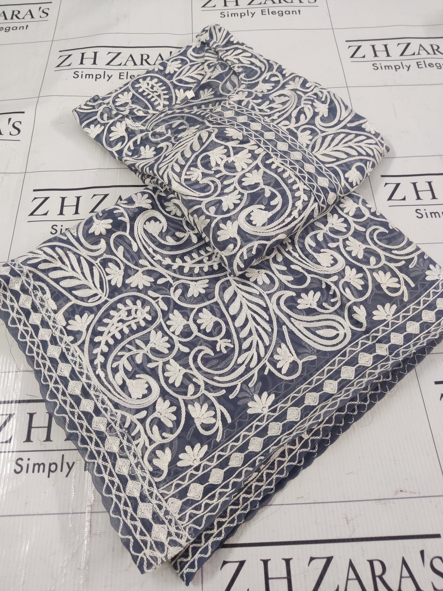 Grey White Jaal Stitched 2pc