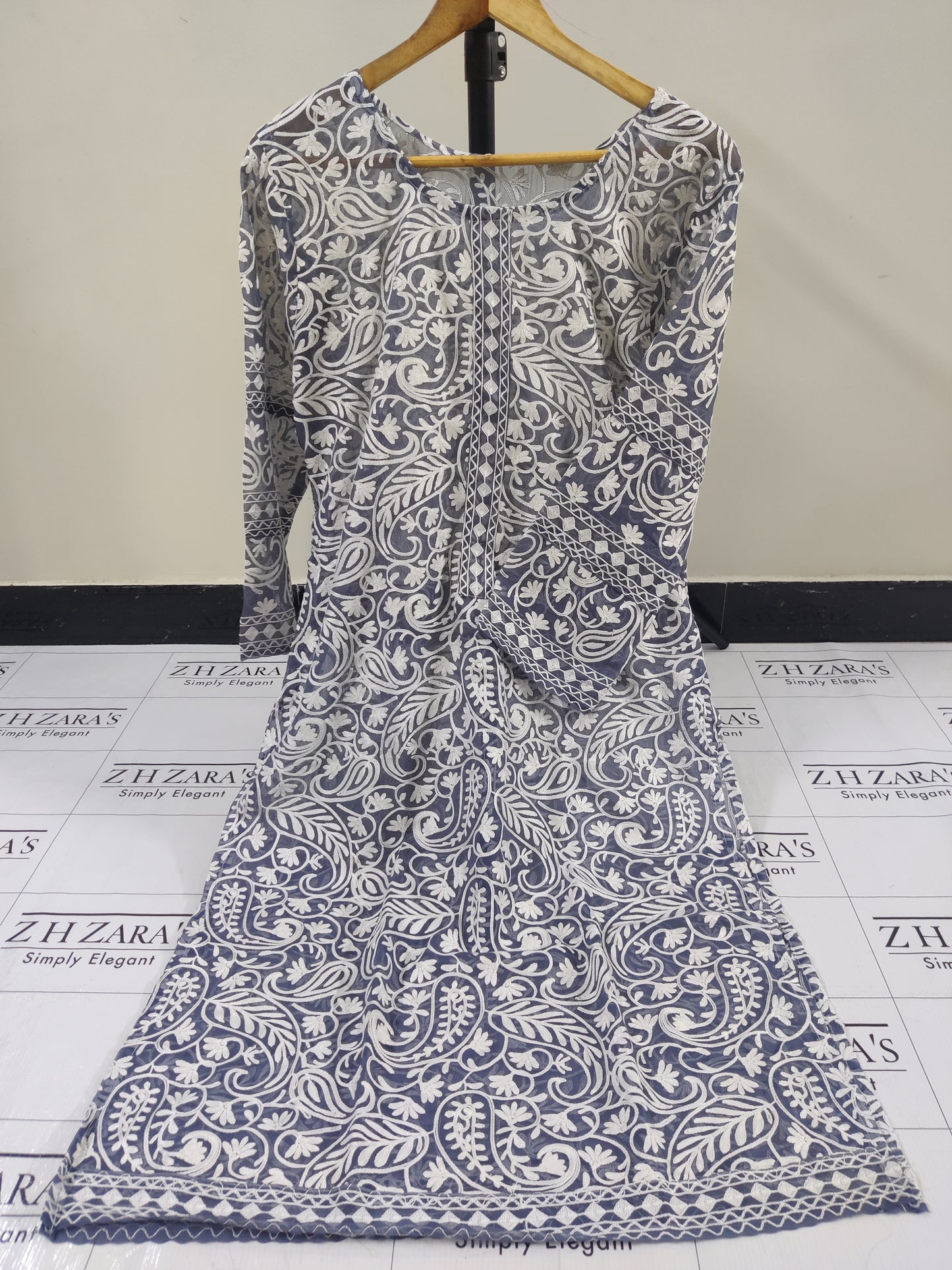 Grey White Jaal Stitched 2pc