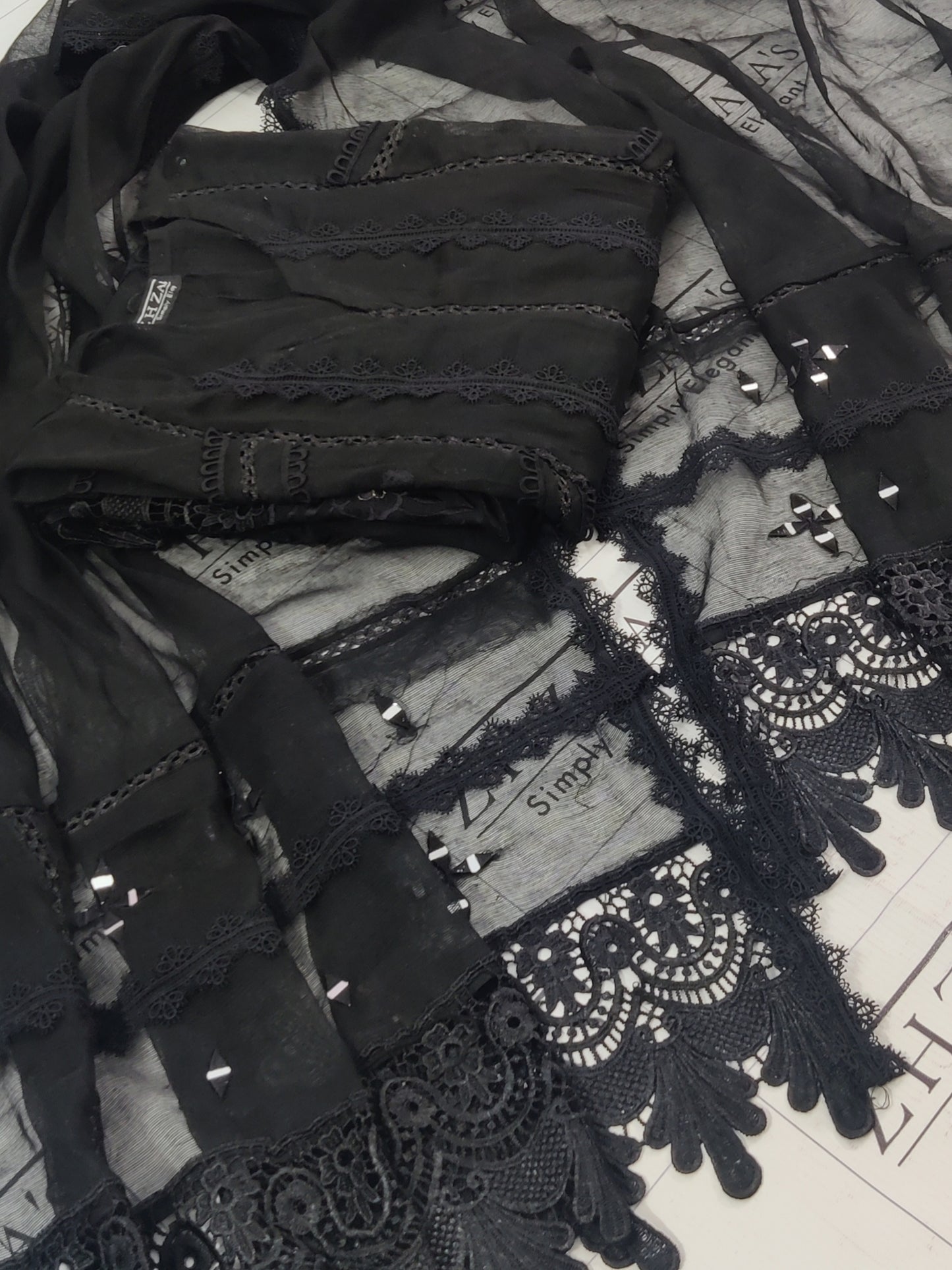 Black Cut Panel Daman Cutwork 3pc
