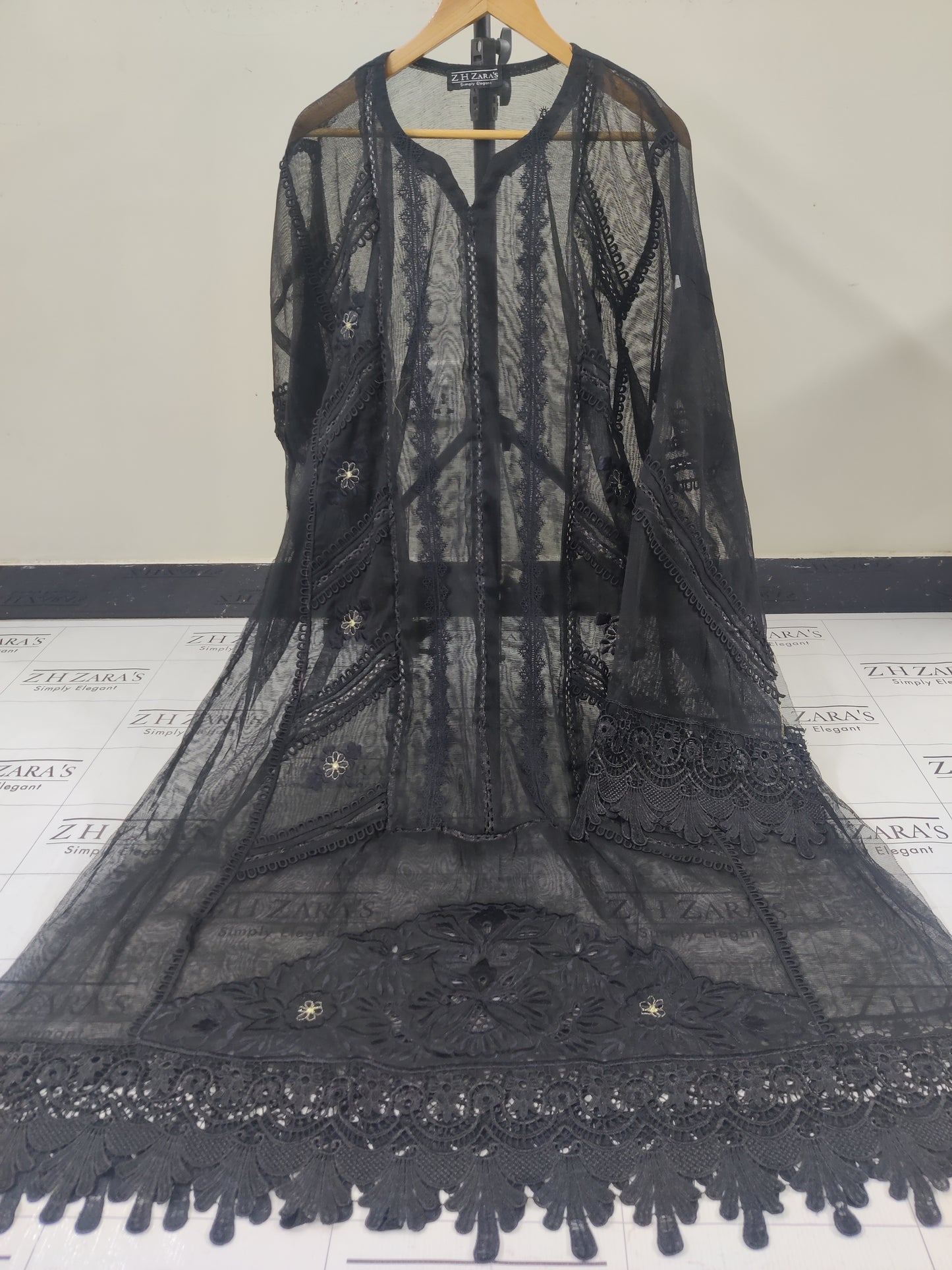 Black Cut Panel Daman Cutwork 3pc