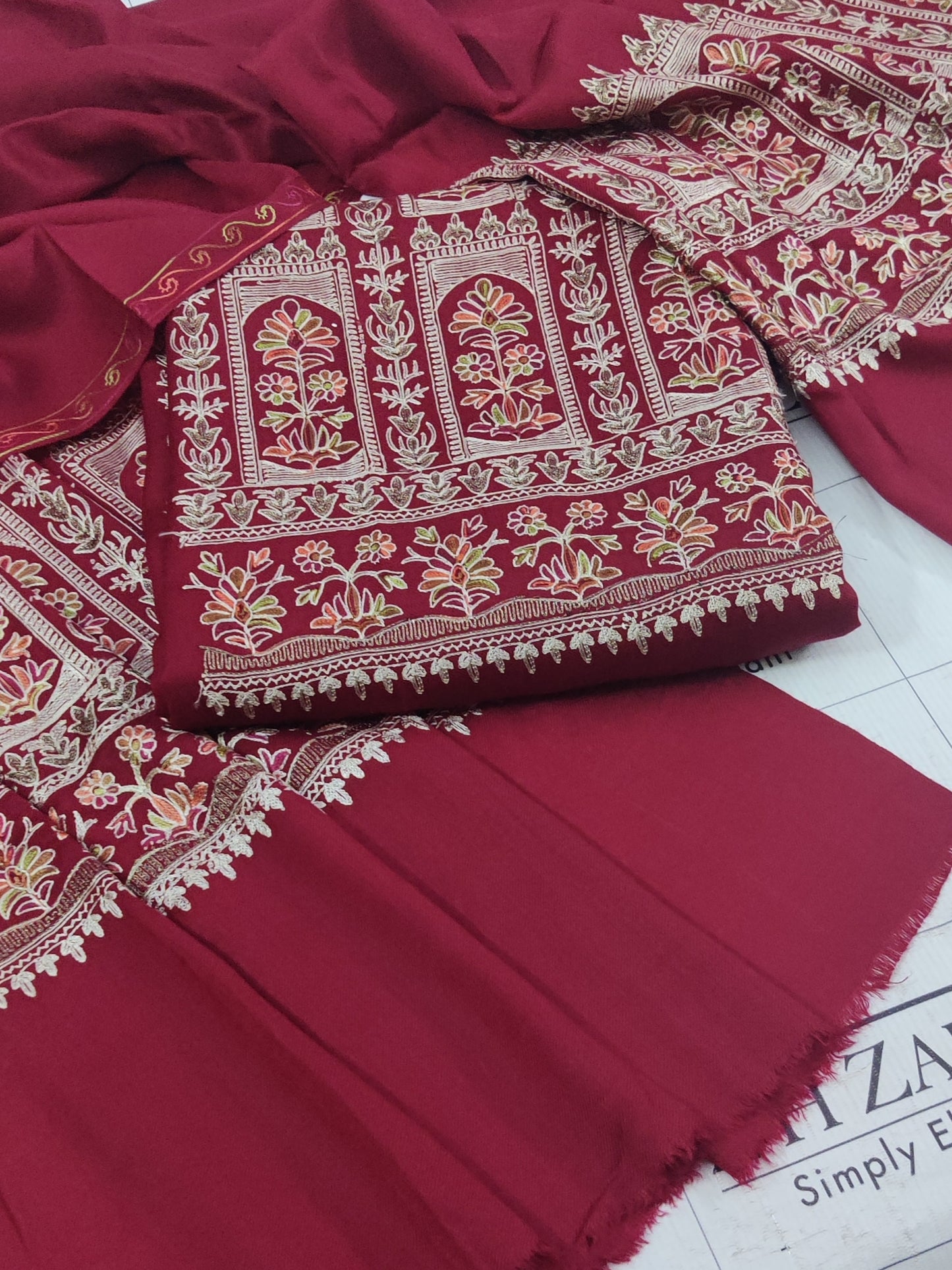 Embroidered Maroon Pashmina 3pc
