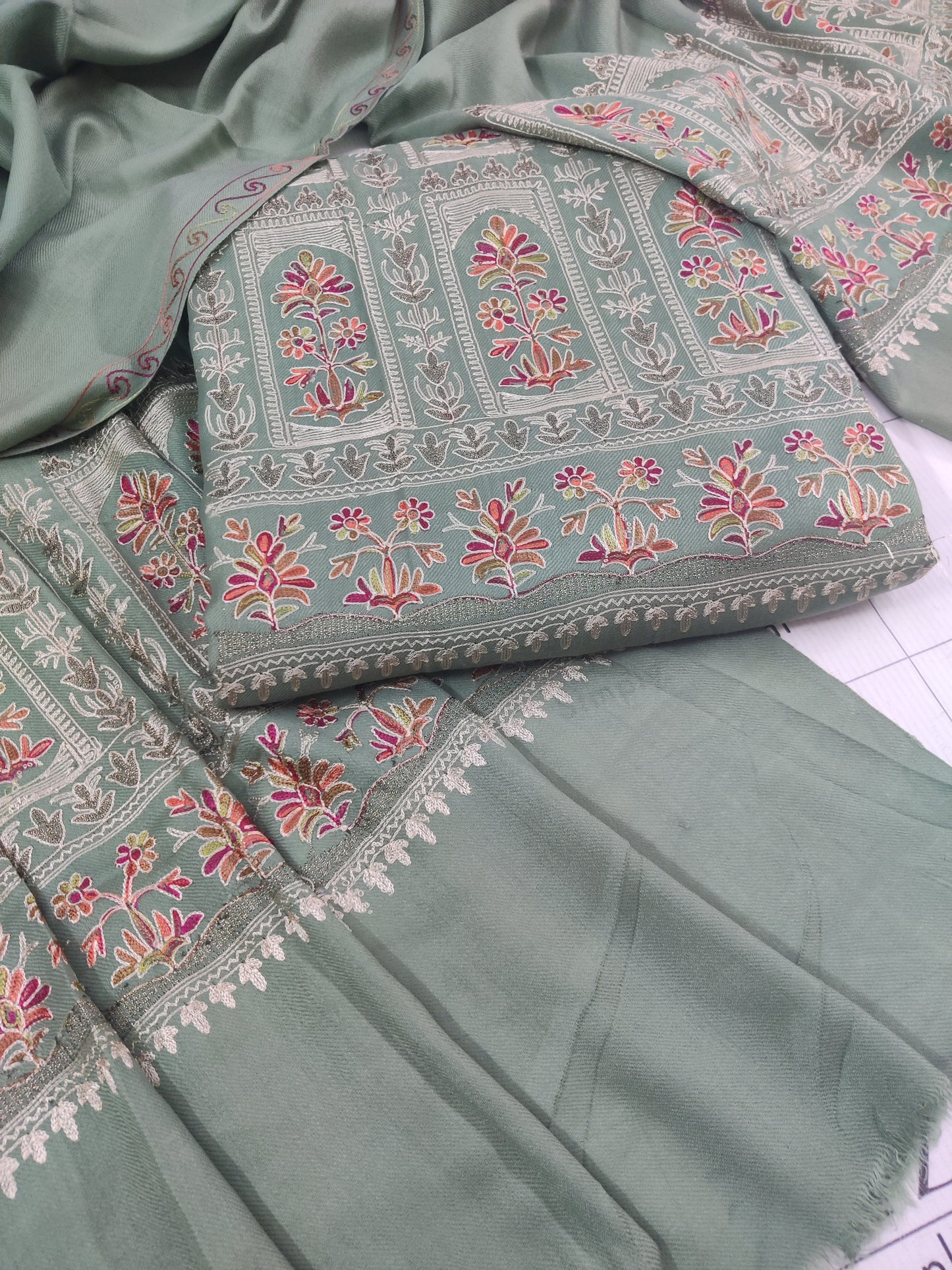 Embroidered Mint Green Pashmina 3pc