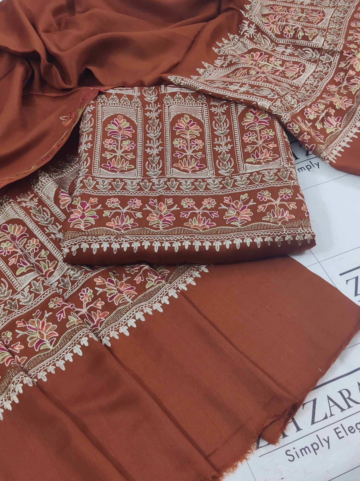 Embroidered Hazel Brown Pashmina 3pc