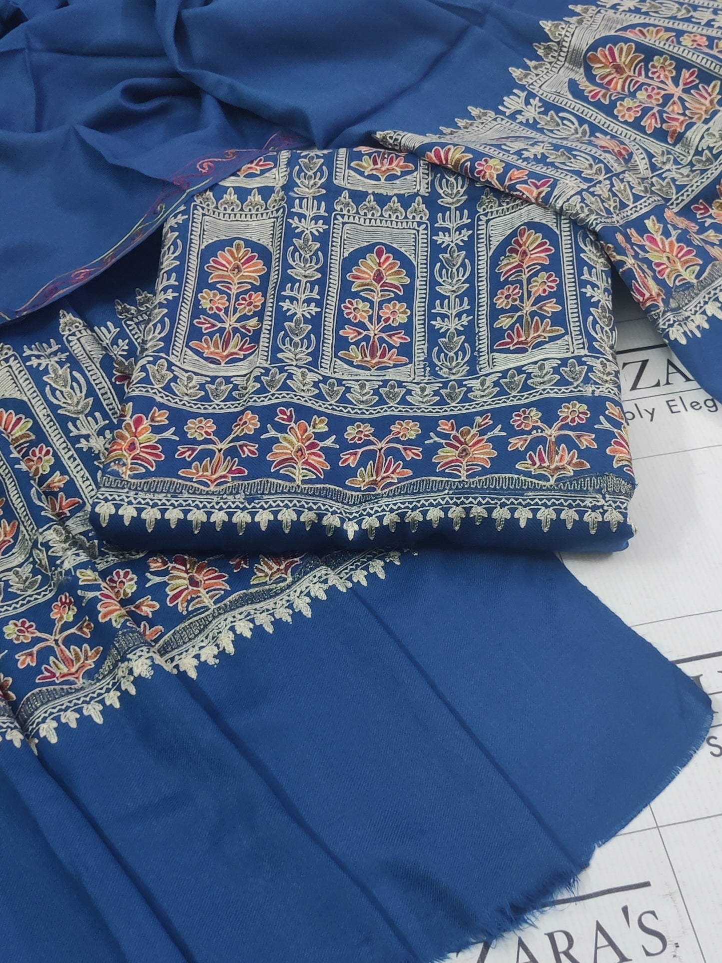 Embroidered Peacock Blue Pashmina 3pc