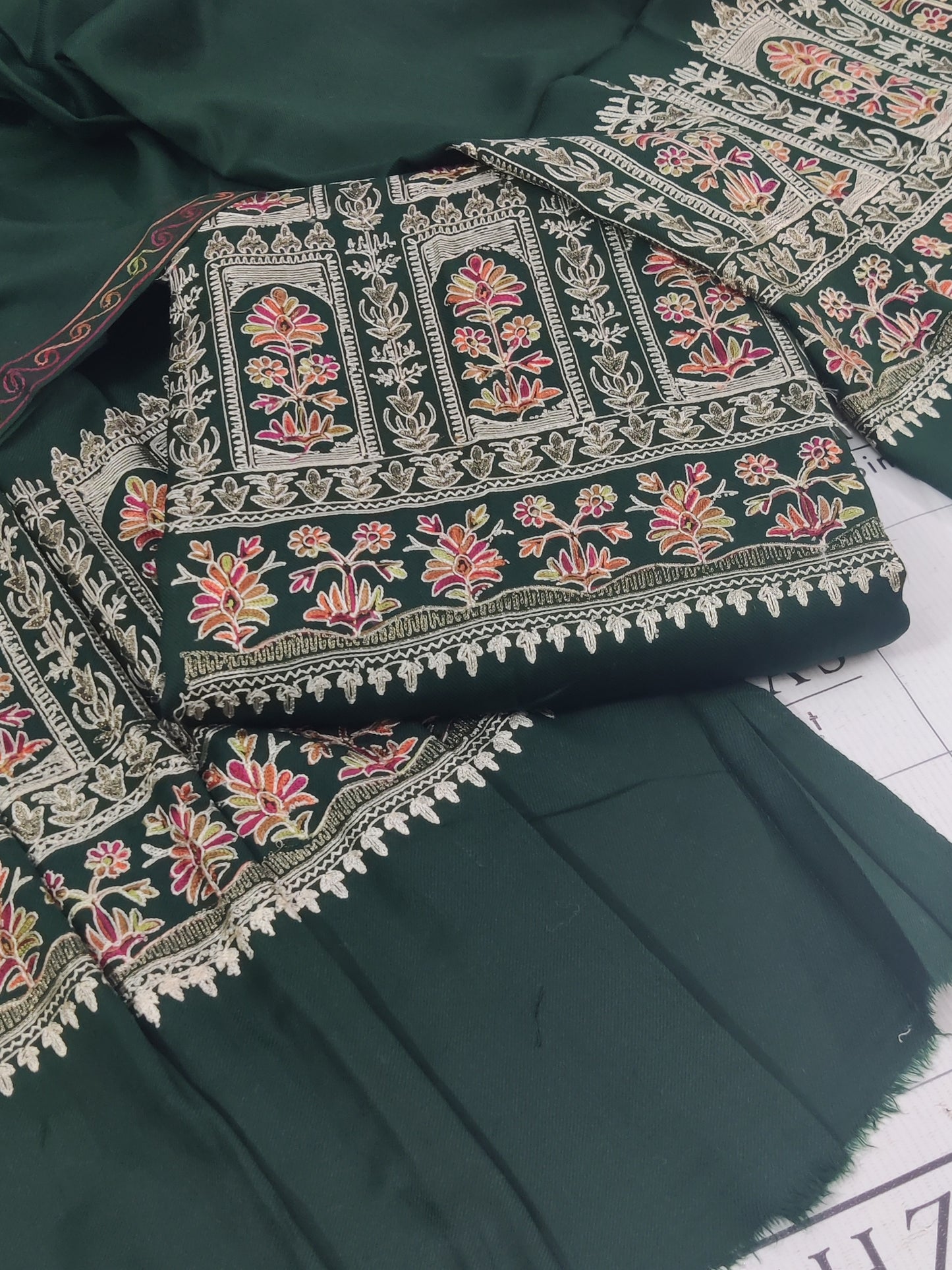 Embroidered Bottle Green Pashmina 3pc