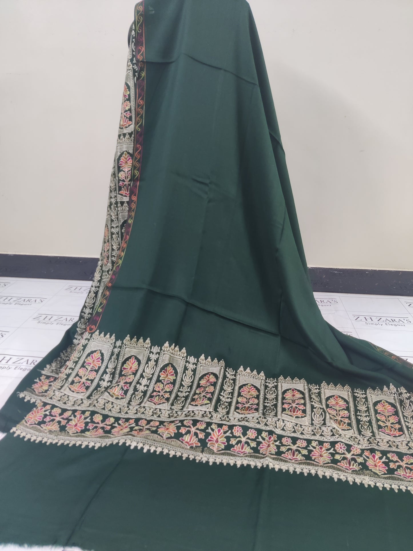 Embroidered Bottle Green Pashmina 3pc