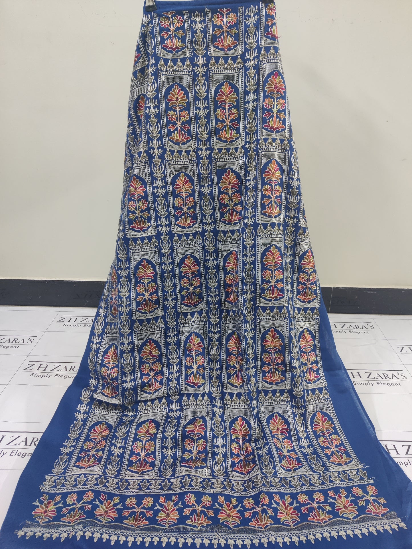 Embroidered Peacock Blue Pashmina 3pc