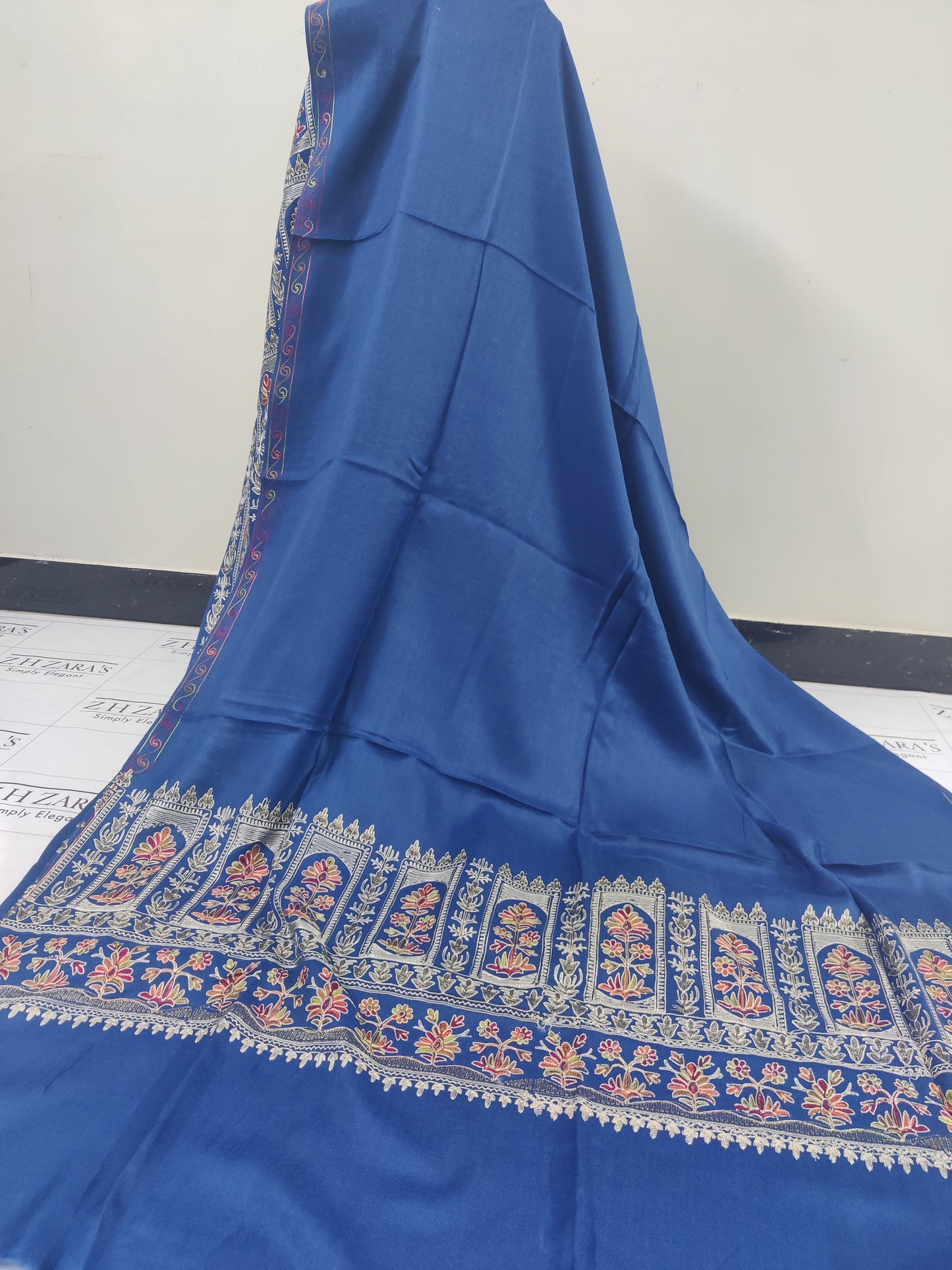 Embroidered Peacock Blue Pashmina 3pc