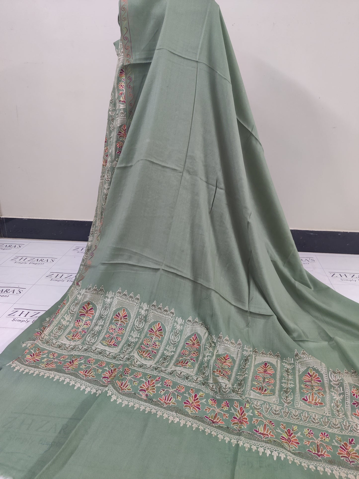 Embroidered Mint Green Pashmina 3pc