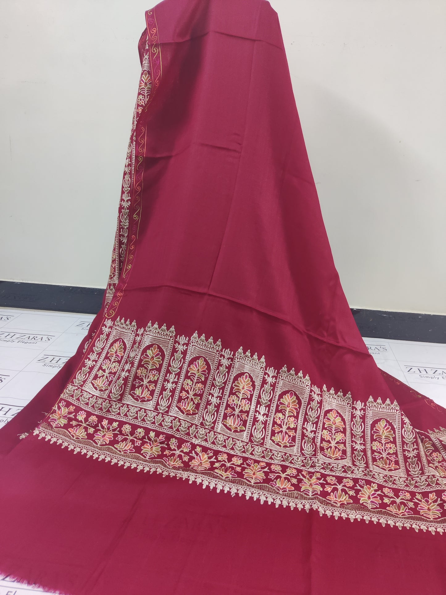 Embroidered Maroon Pashmina 3pc