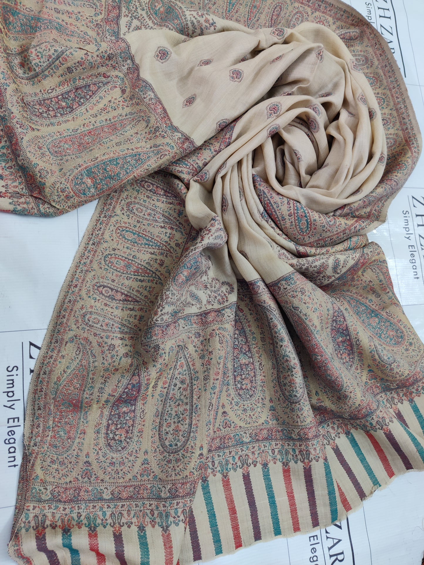 Beige Foan Boti Kani Pashmina Shawl