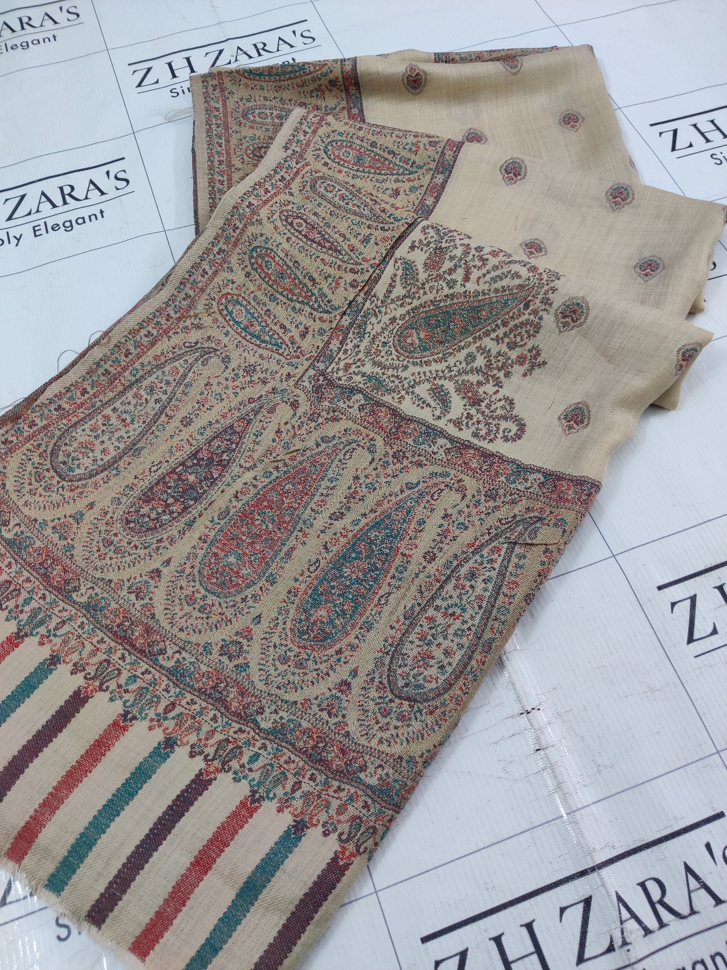 Beige Foan Boti Kani Pashmina Shawl