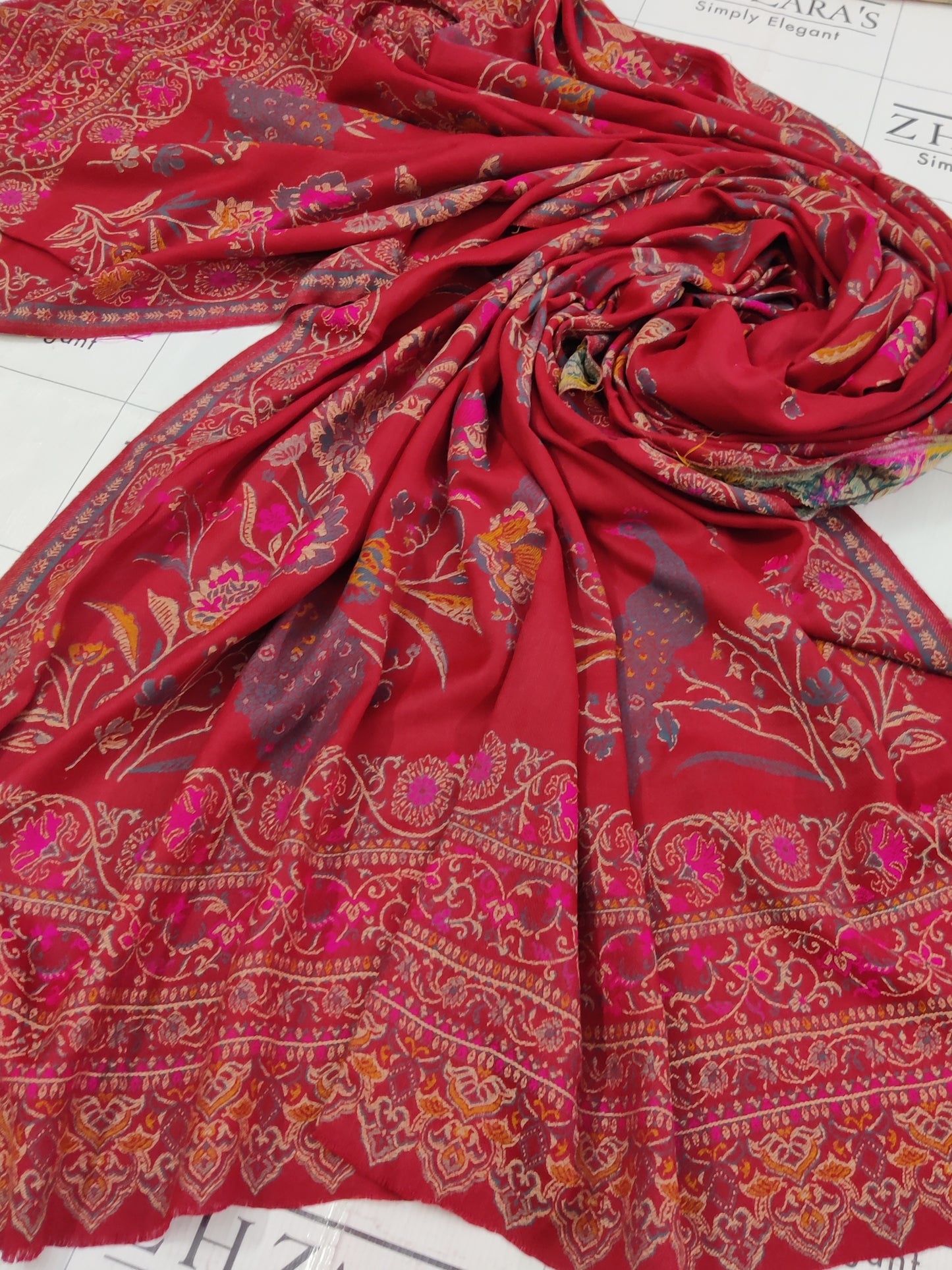 Maroon Teal Jaal Kani Pashmina Shawl
