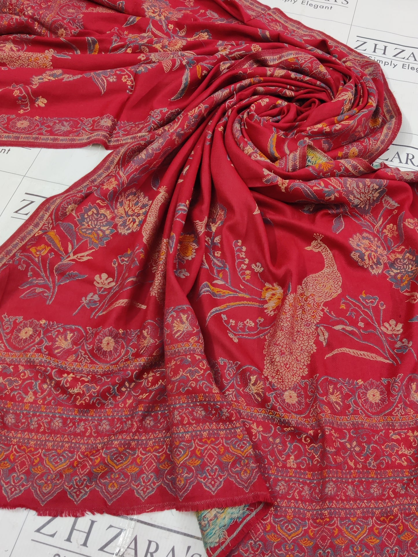 Maroon Gold Jaal Kani Pashmina Shawl