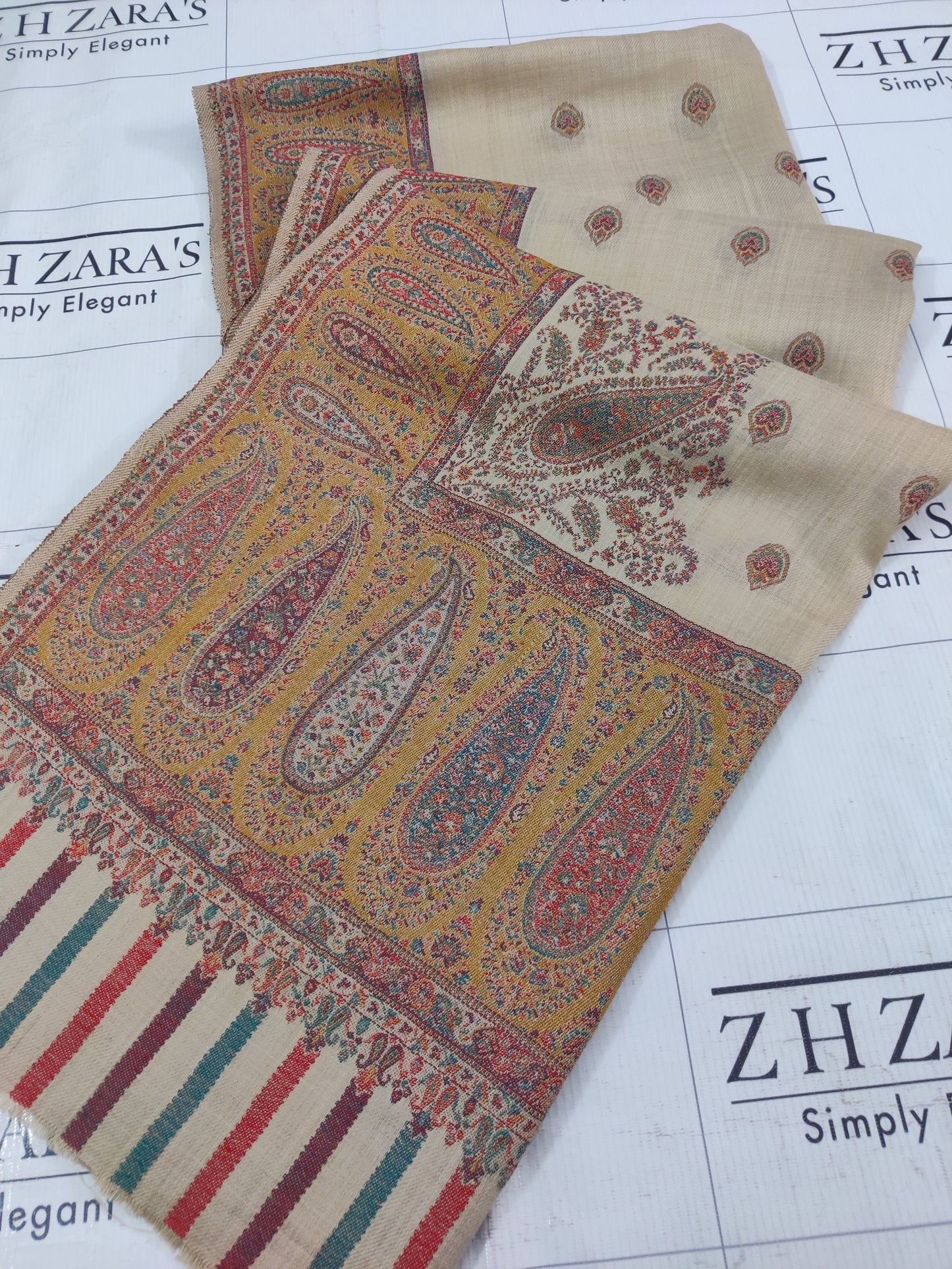 Beige Mustard Boti Kani Pashmina Shawl