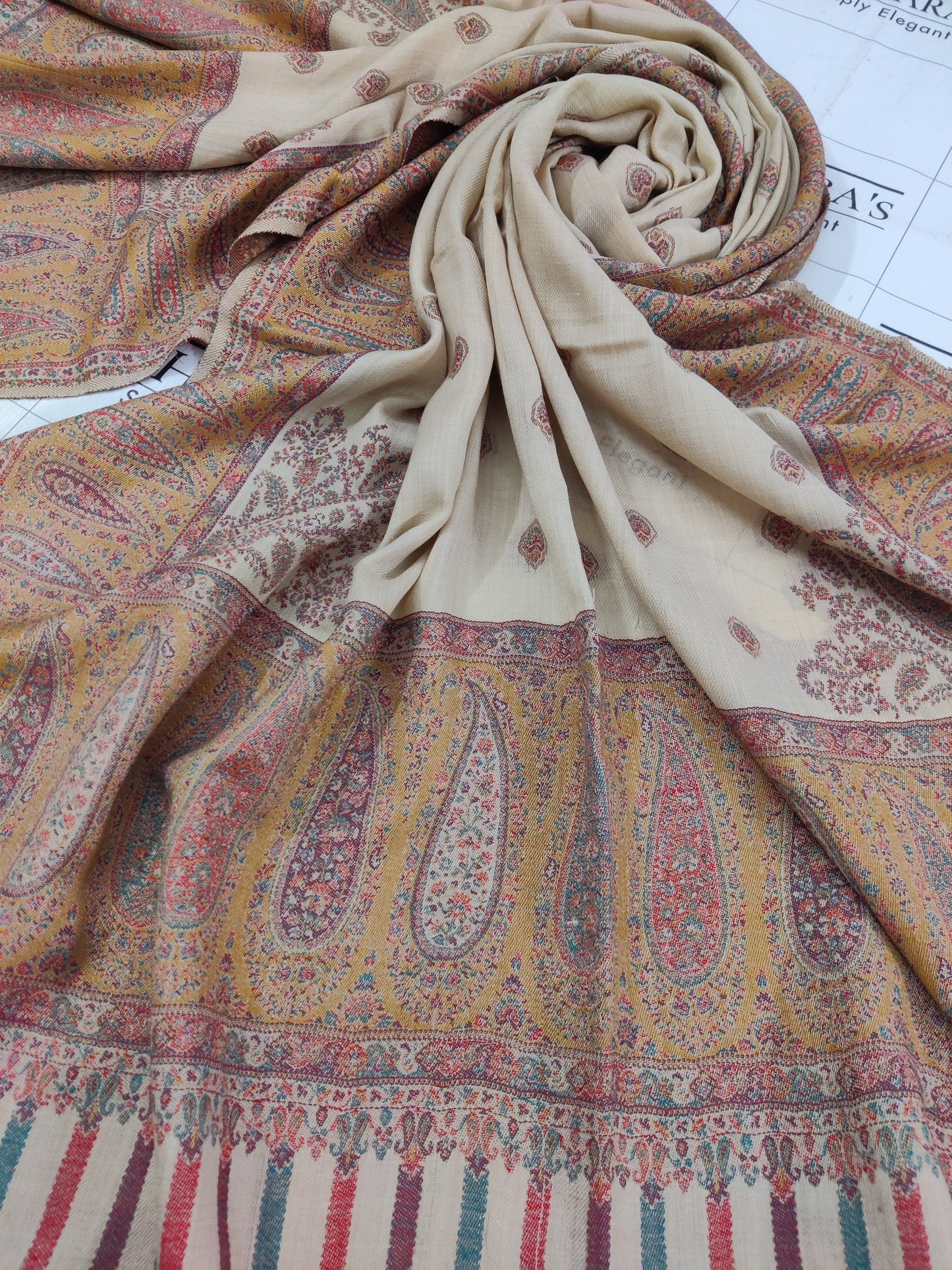 Beige Mustard Boti Kani Pashmina Shawl