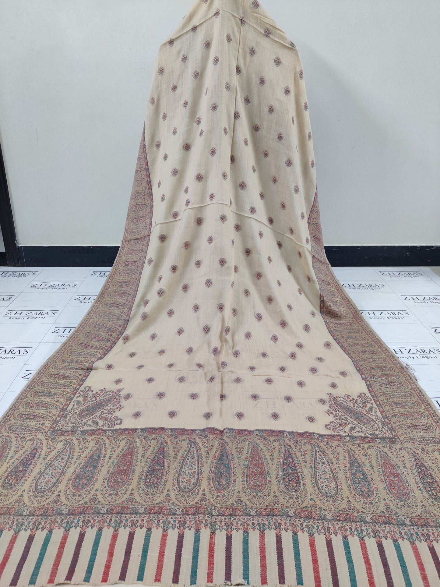 Beige Foan Boti Kani Pashmina Shawl