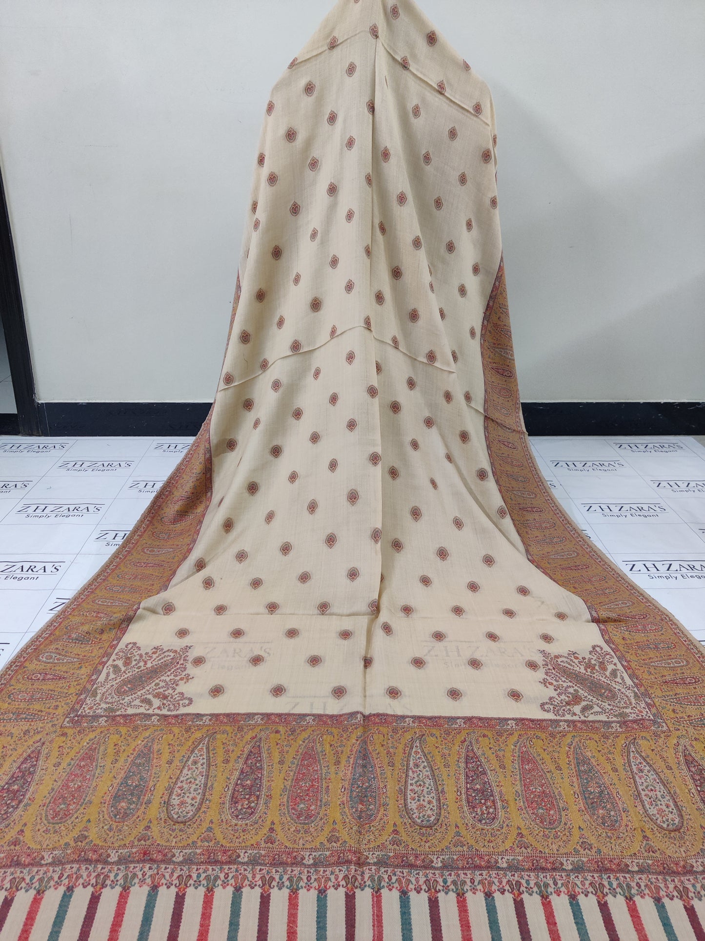 Beige Mustard Boti Kani Pashmina Shawl