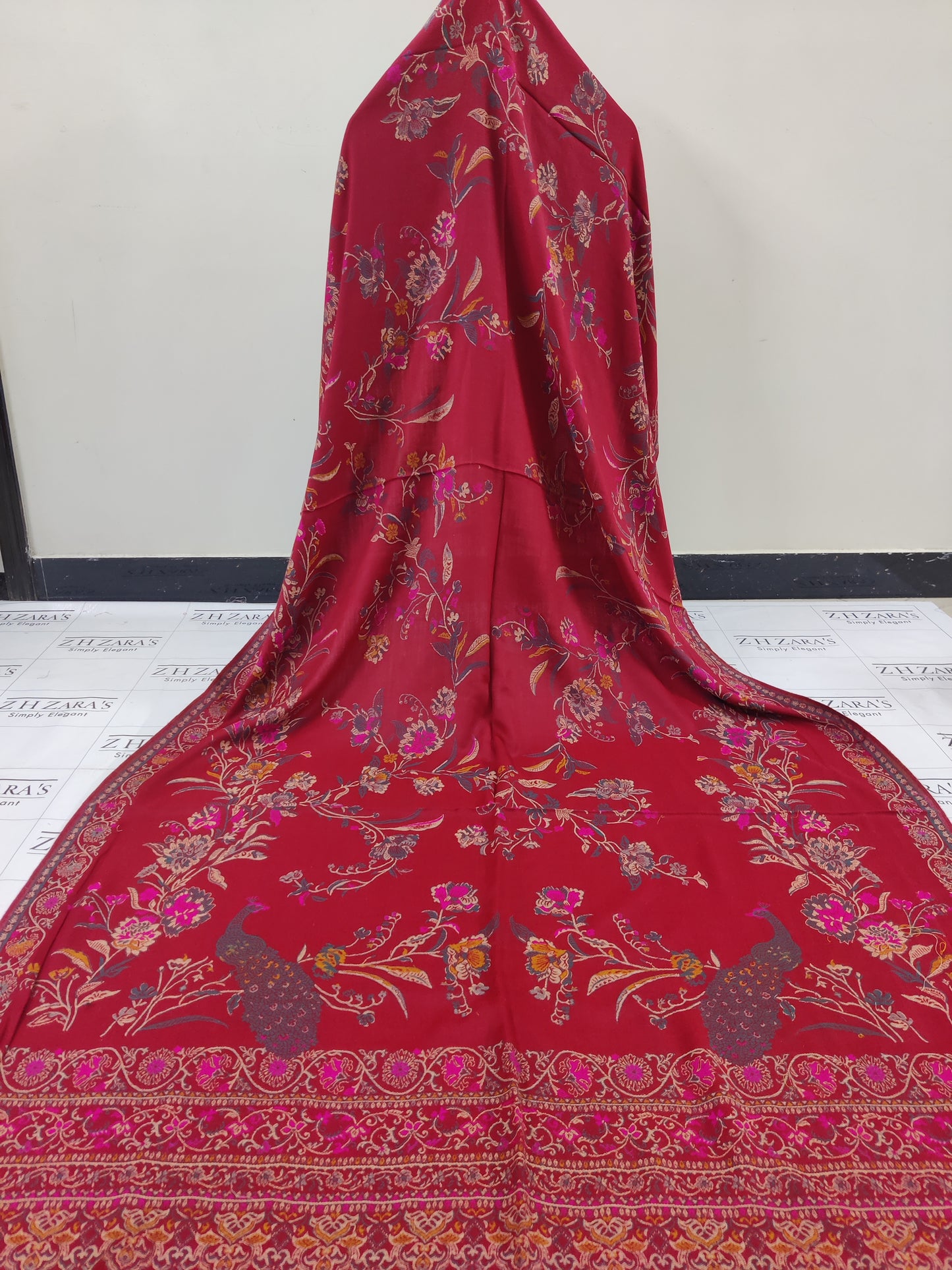 Maroon Teal Jaal Kani Pashmina Shawl