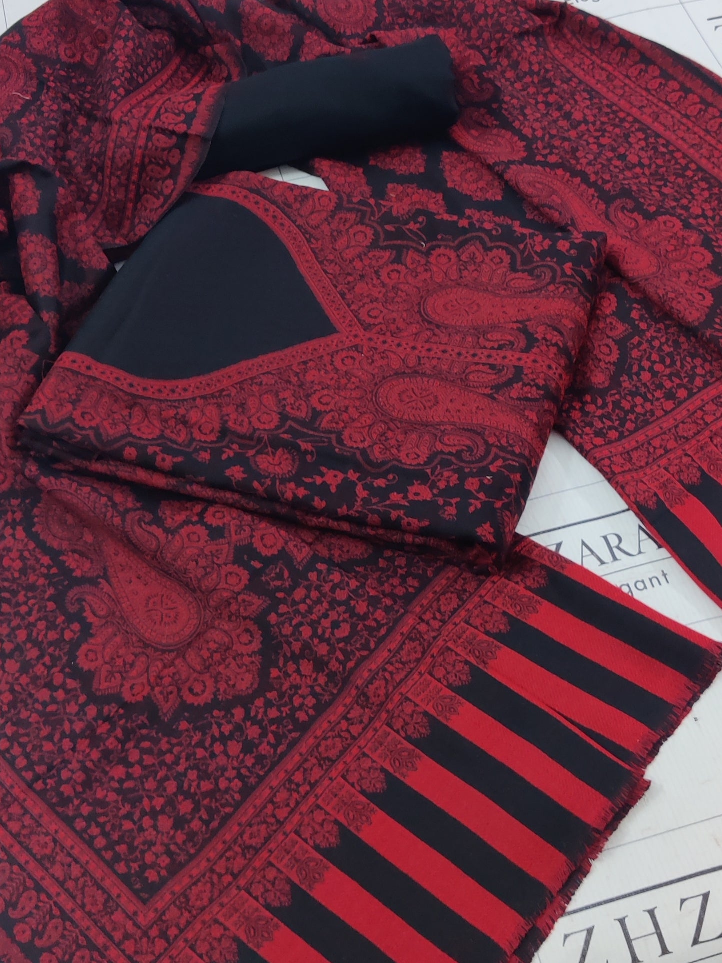 Black Red Gala Double Kani Pashmina 3pc