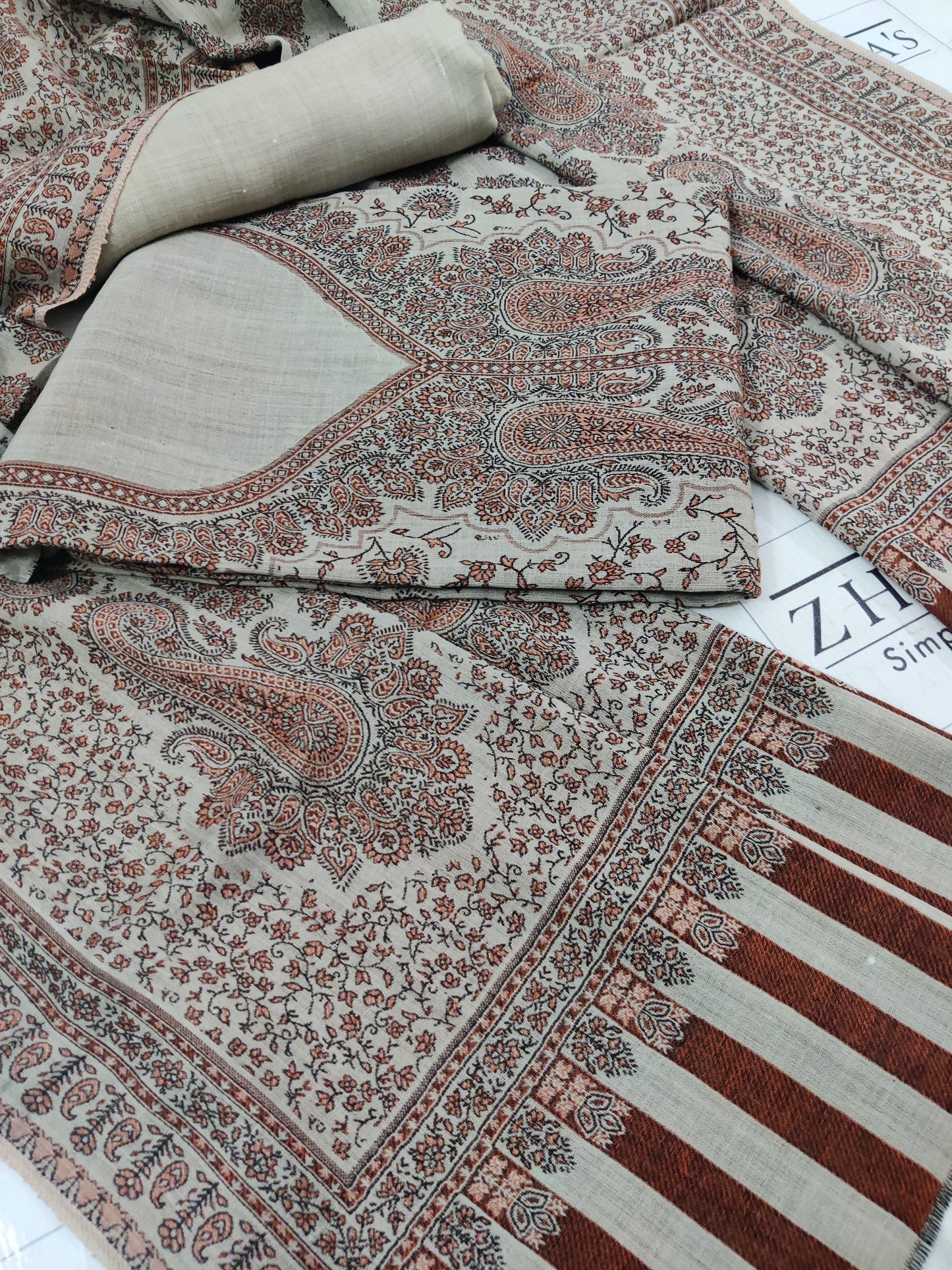 Beige Gala Double Kani Pashmina 3pc