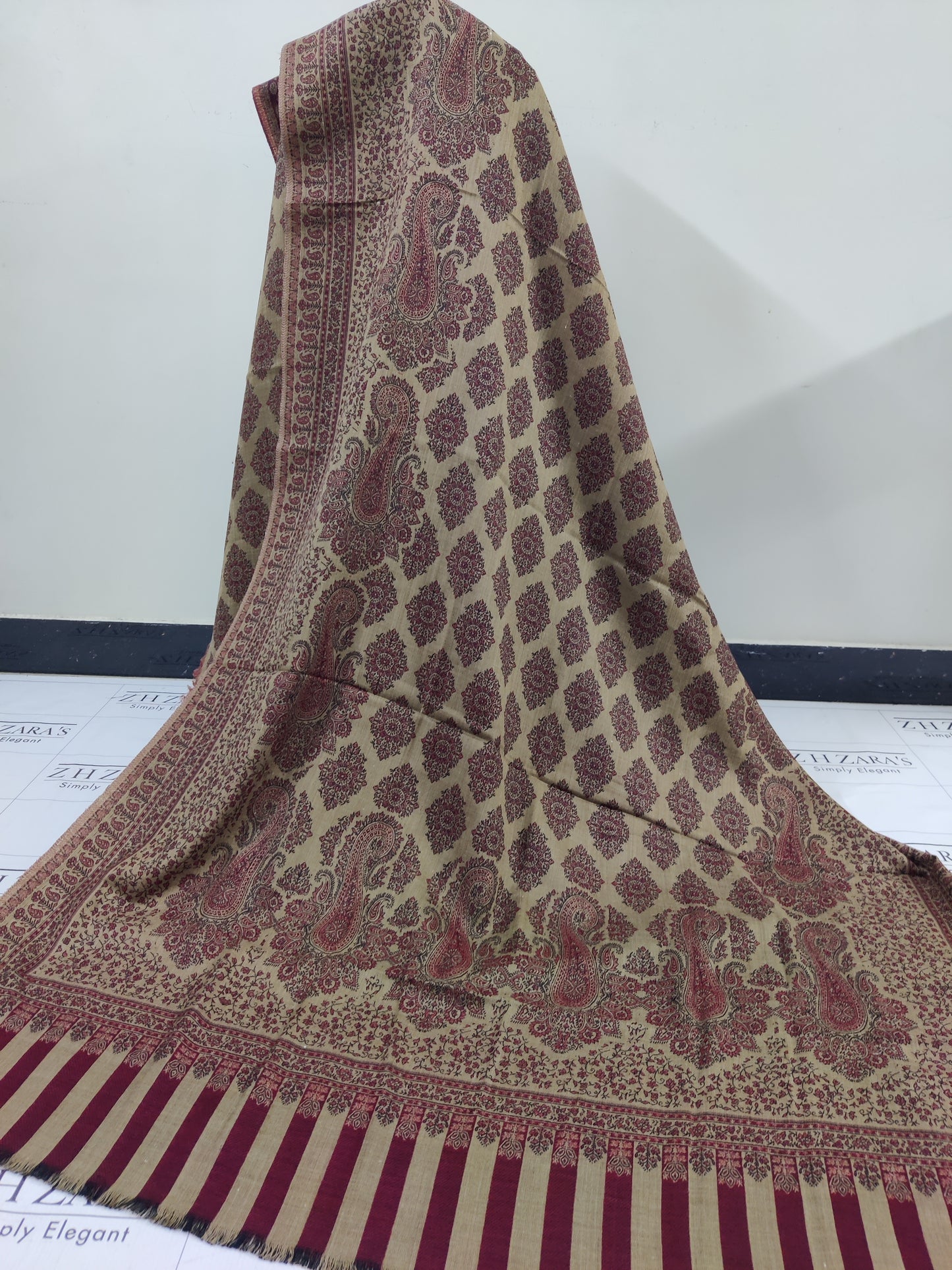 Camel Maron Gala Double Kani Pashmina 3pc