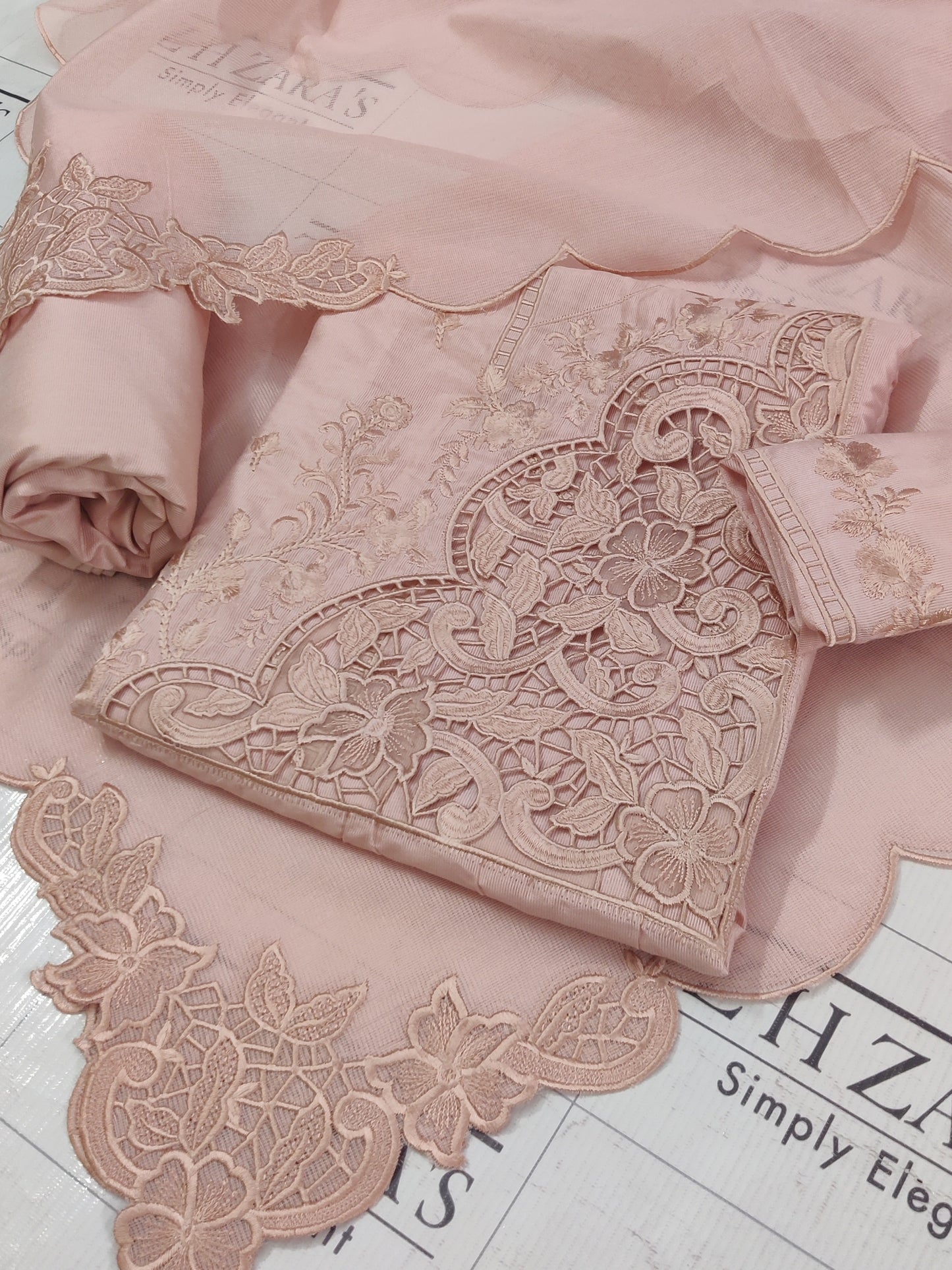 Peachy Pink Resham Silk Cutwork 3pc