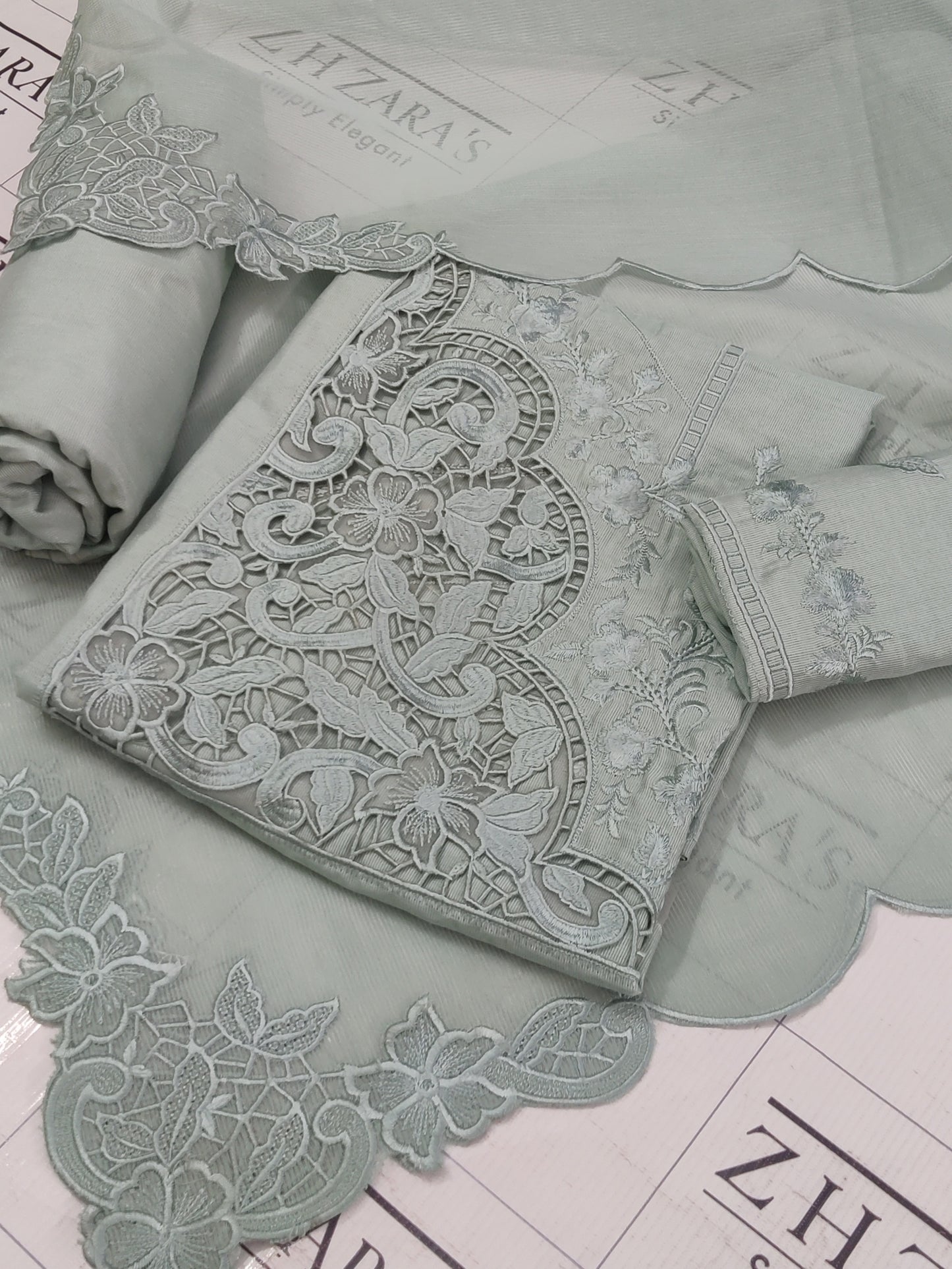 Olive Mint Green Resham Silk Cutwork 3pc