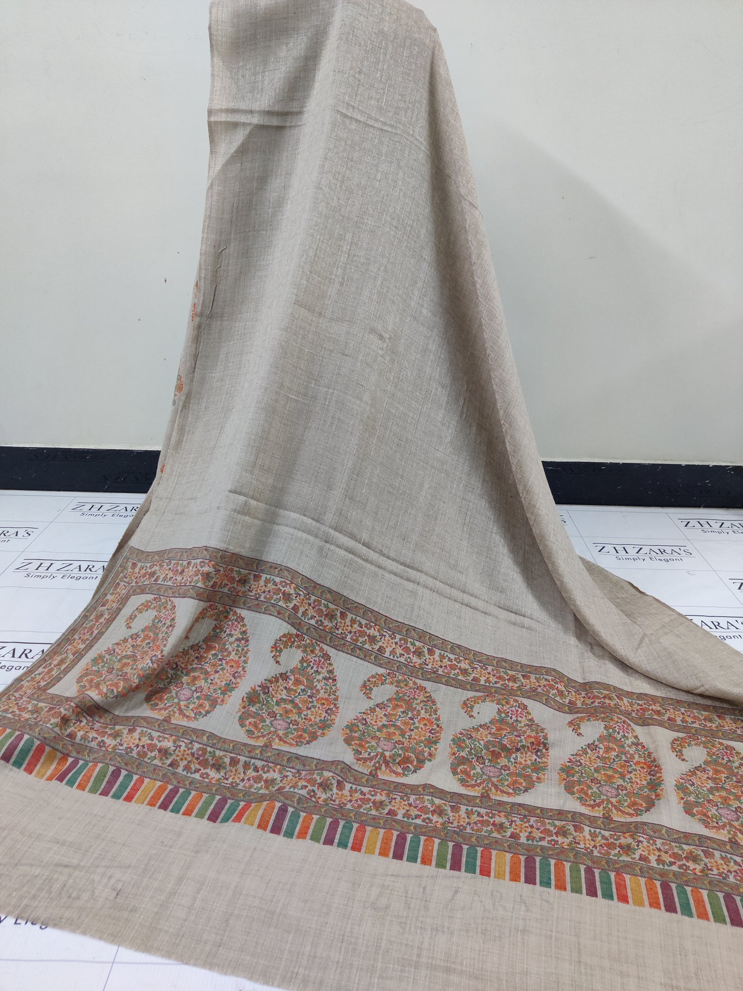 Coffee Beige Jacquard Kani Pashmina 3pc