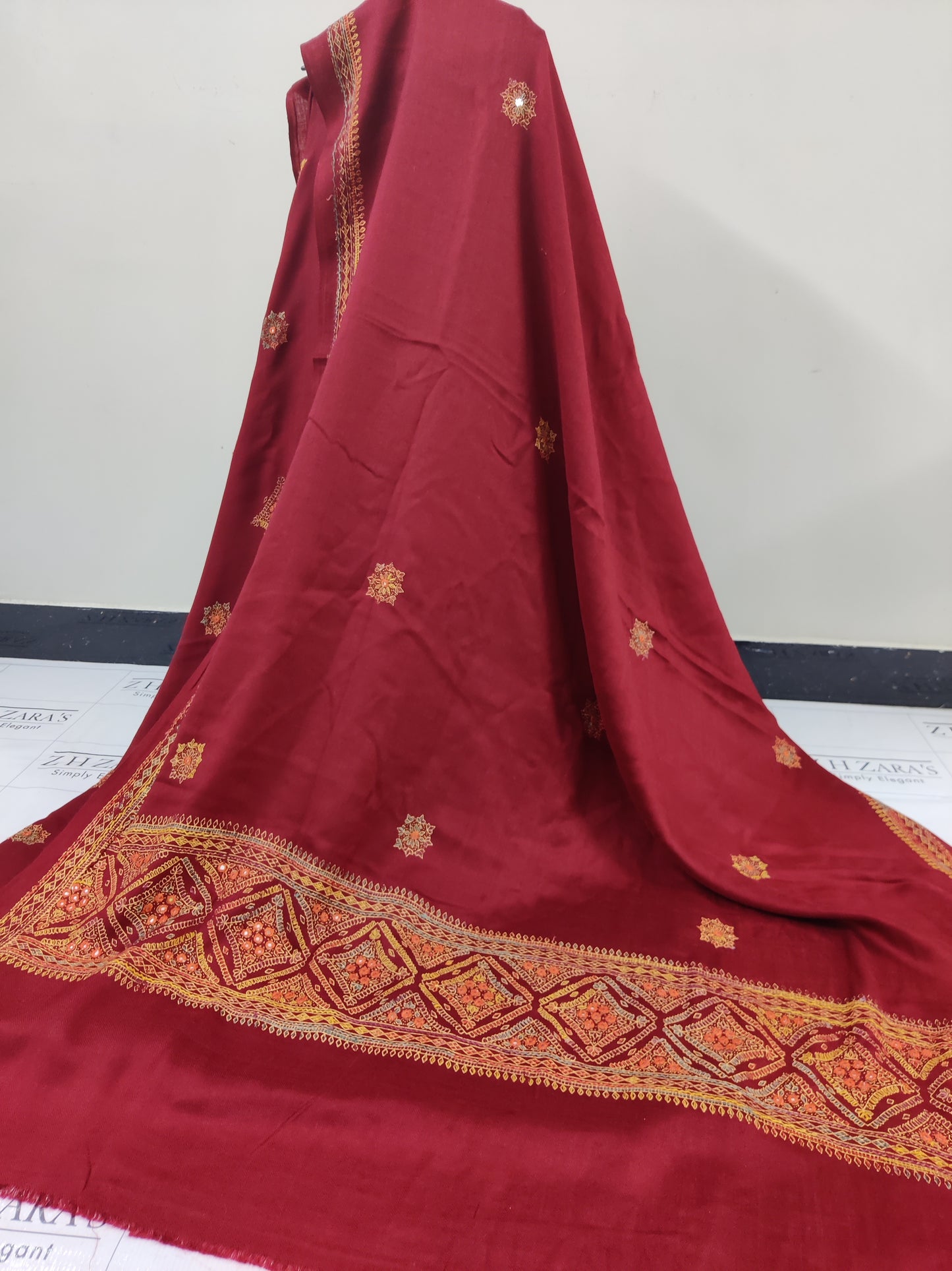 Rusty Maroon Needle Embroidery Pashmina 3pc