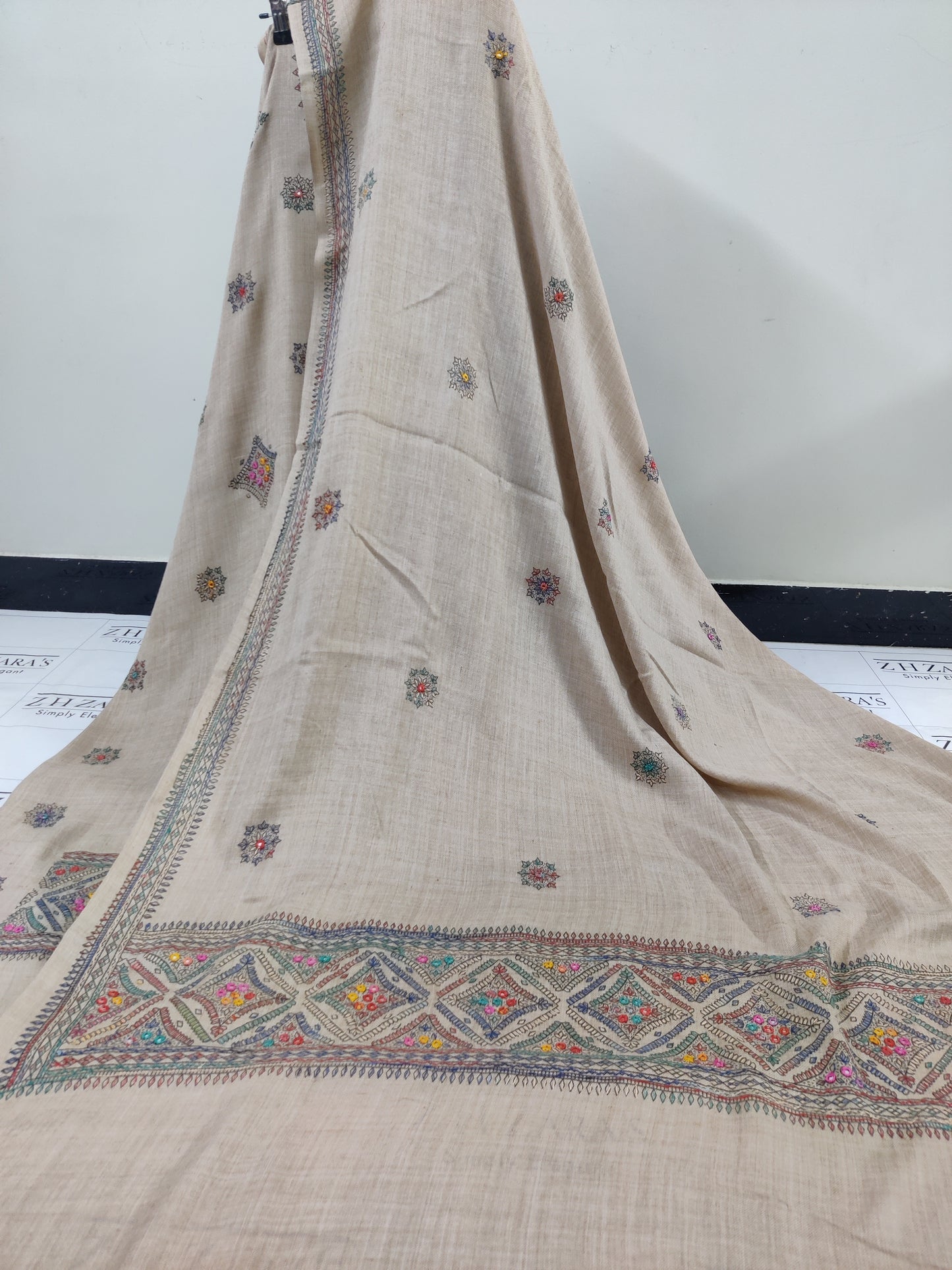 Coffee Beige Needle Embroidery Pashmina 3pc