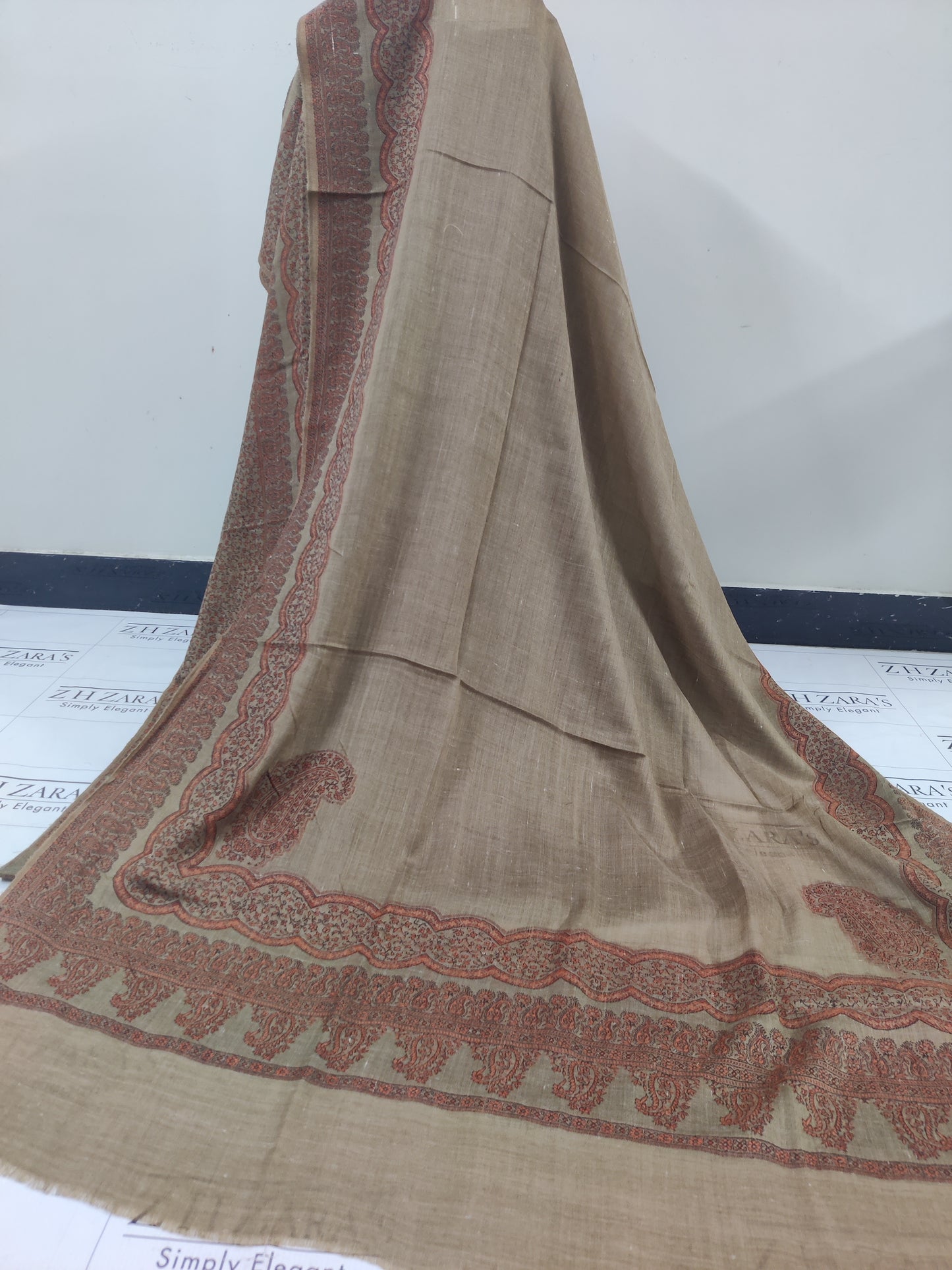 Camel Brown Border Double Kani Pashmina 3pc