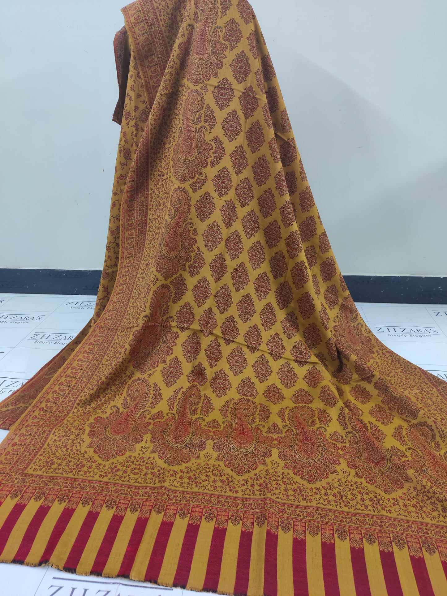 Mustard Maroon Gala Double Kani Pashmina 3pc