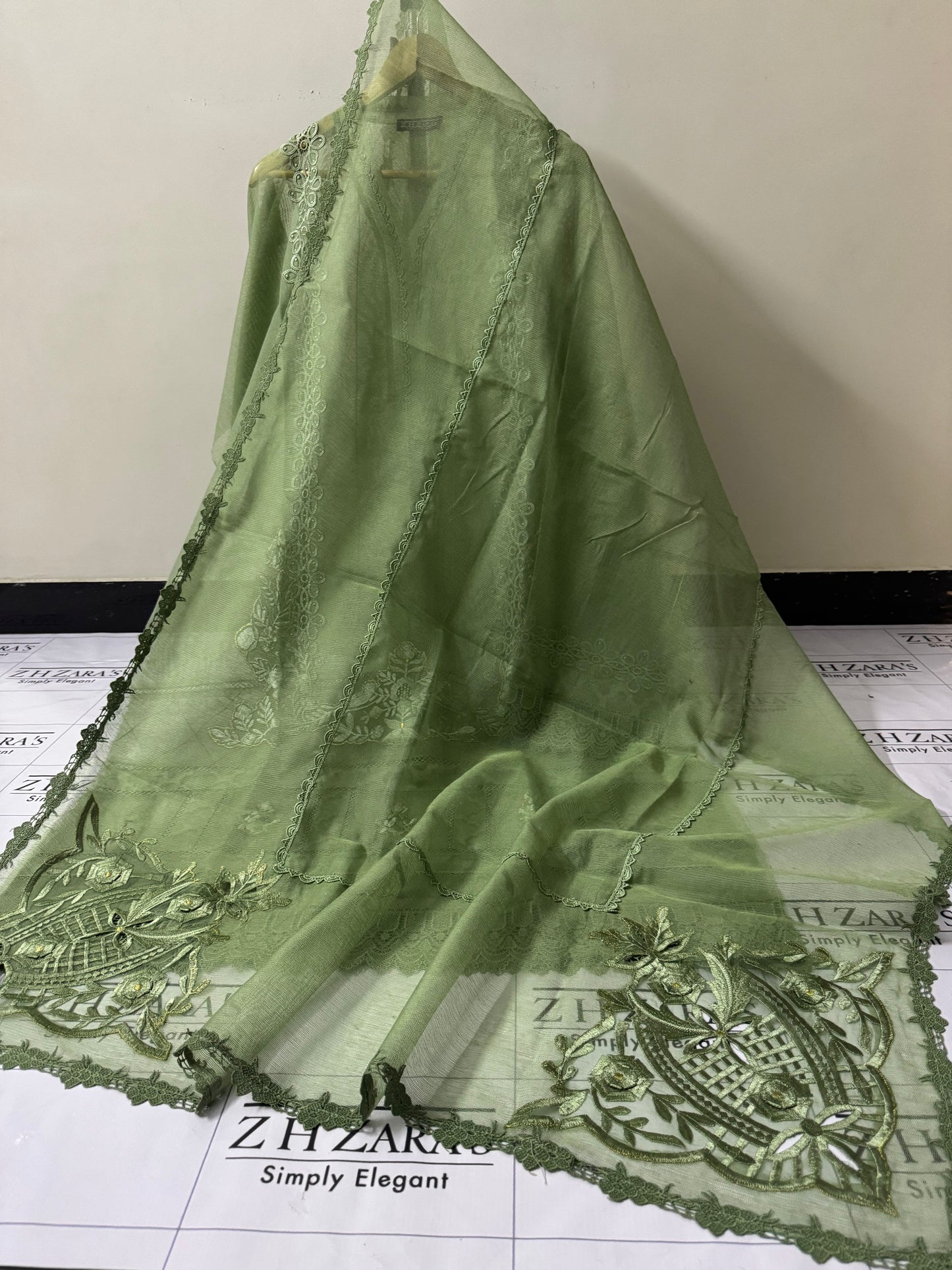 Olive Green Duppata Cutwork 2pc