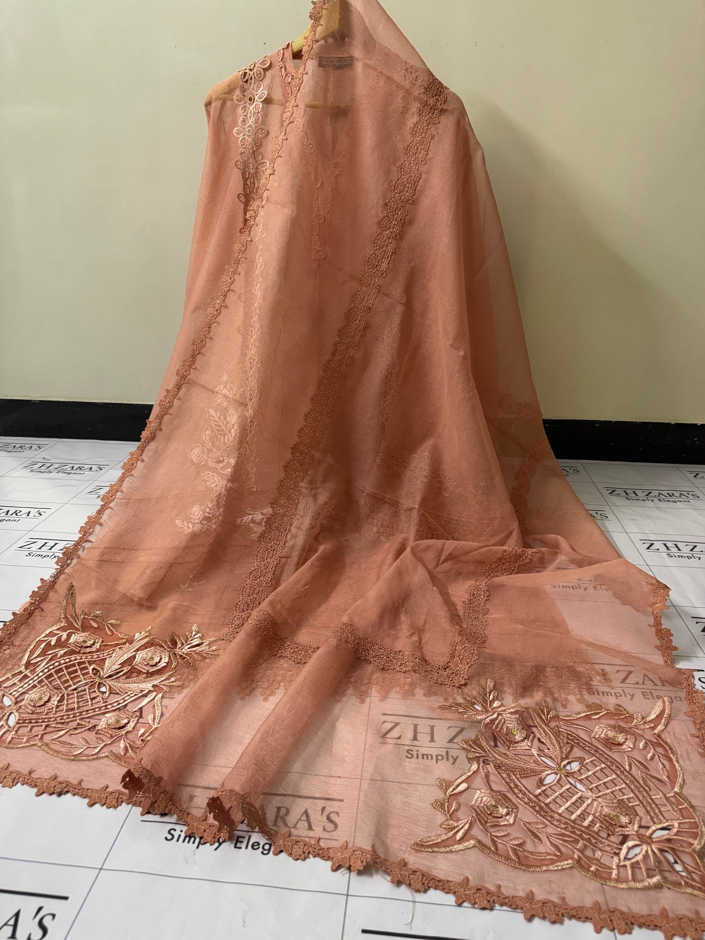 Peachy Pink Duppata Cutwork 2pc