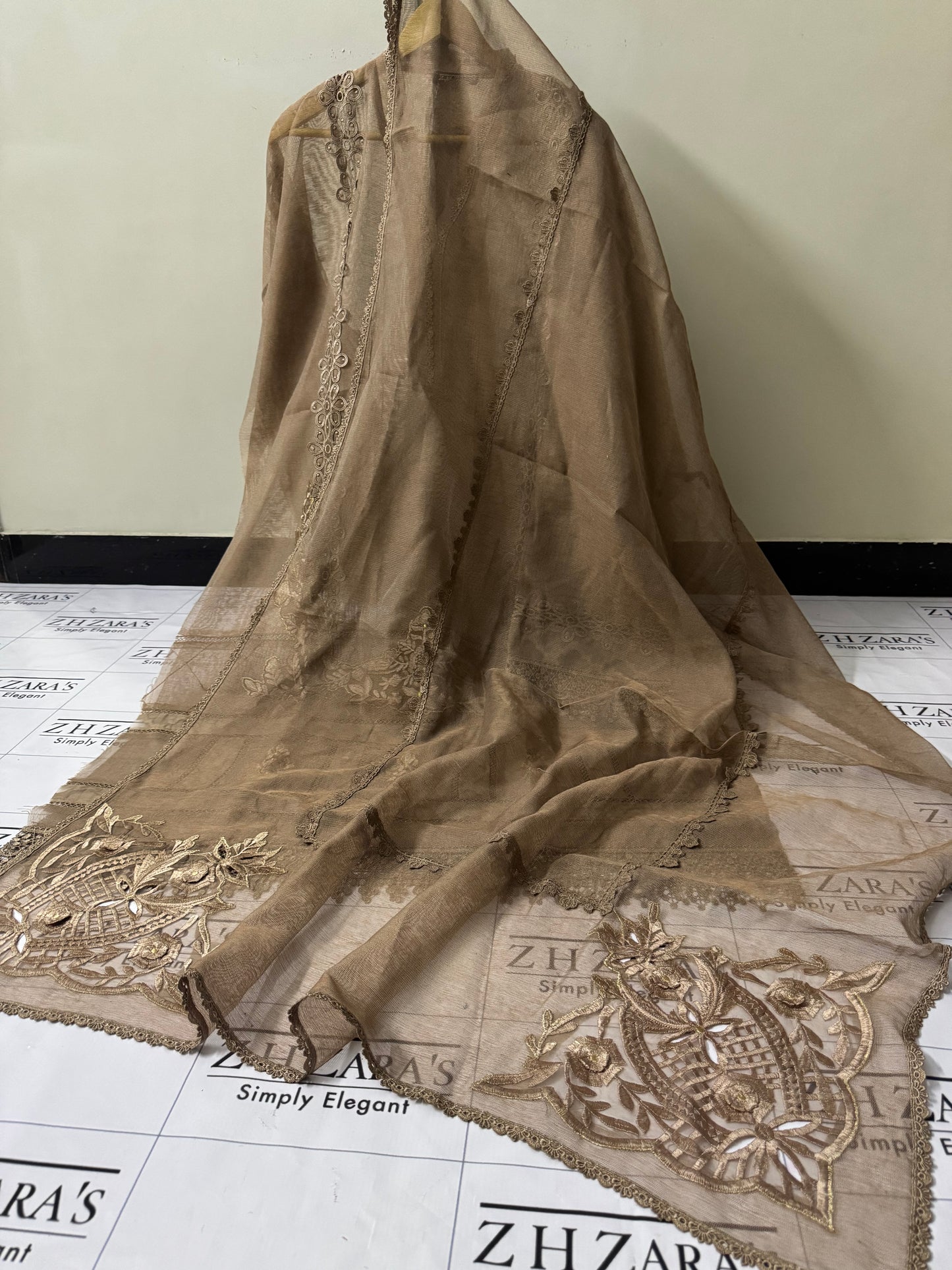 Coffee Duppata Cutwork 2pc