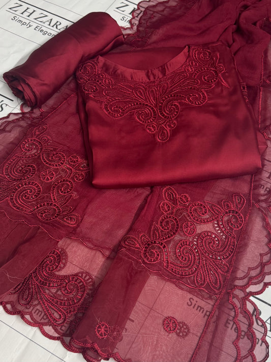 Maroon Silk Cutwork 3pc