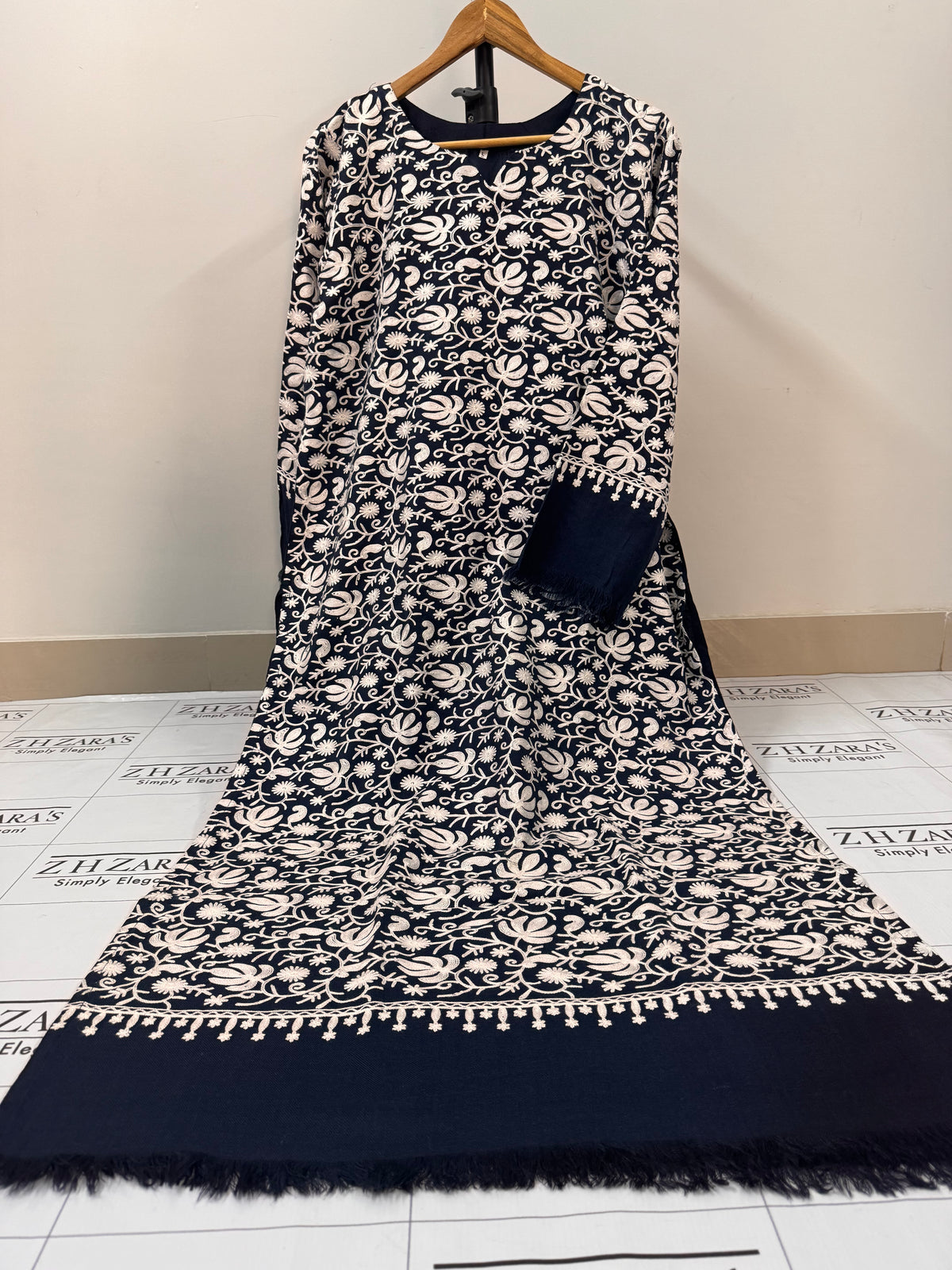 Navy Blue Beige Pashmina Kaftan Shirt