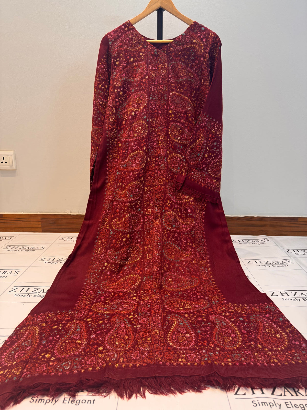 Maroon Needle Emb Pashmina Kaftan Shirt